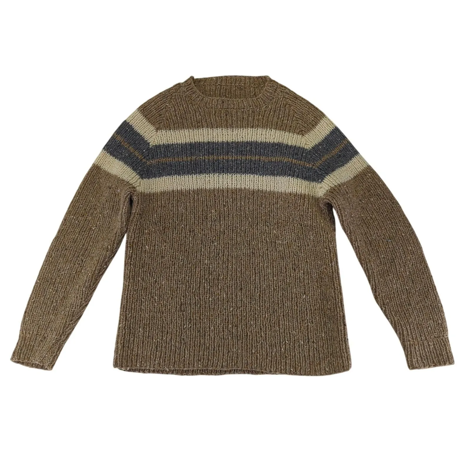 Product image for 100% Wool Crewneck Sweater Knit Men's Size Large Brown Gray Stripe Grandpa