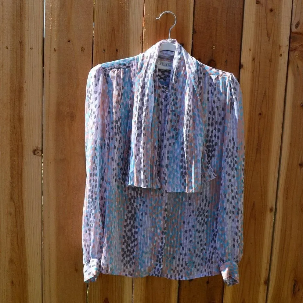 Product image for Vintage 1970s 1980s La Chine Classic Micro Pleated Dot Print Blouse with Attached Scarf - pre-owned---excellent - La Chine Classic by Galinda Wang