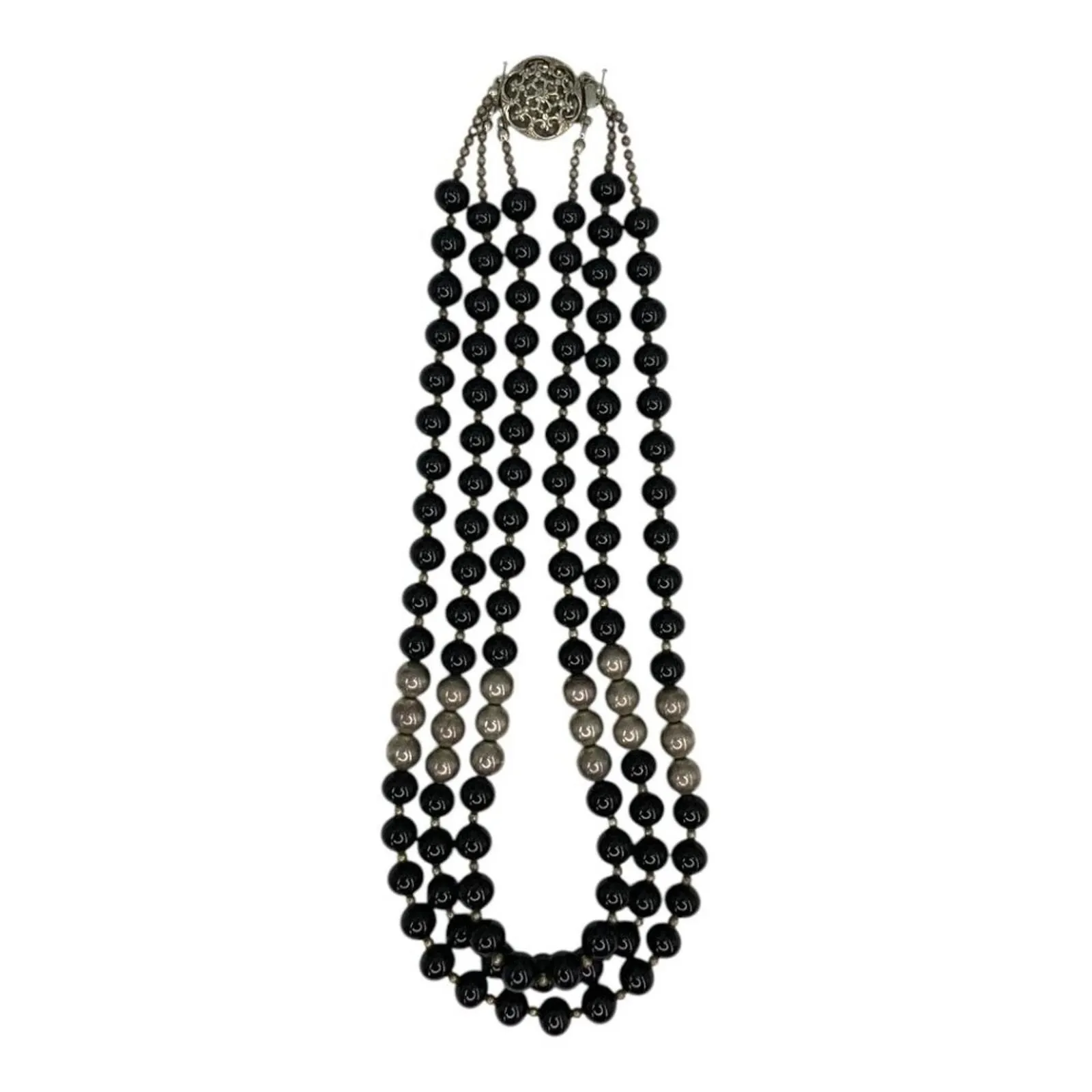 Product image for Vintage Triple Layered Beaded Necklace Black Silver Intricate Clasp - pre-owned---good