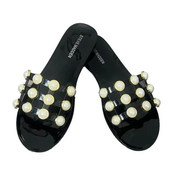 Product image for Steve Madden Black Jelly Sandals With Pearl Accents - Size 41