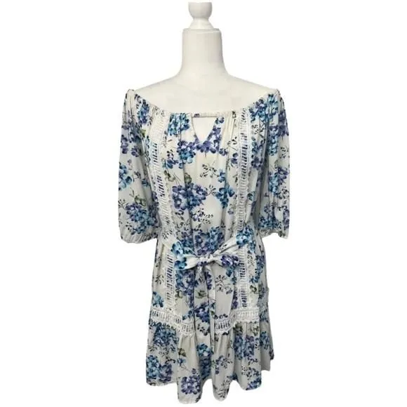 Product image for NWT After Market Off The Shoulder White & Blue Floral Dress - Size Medium
