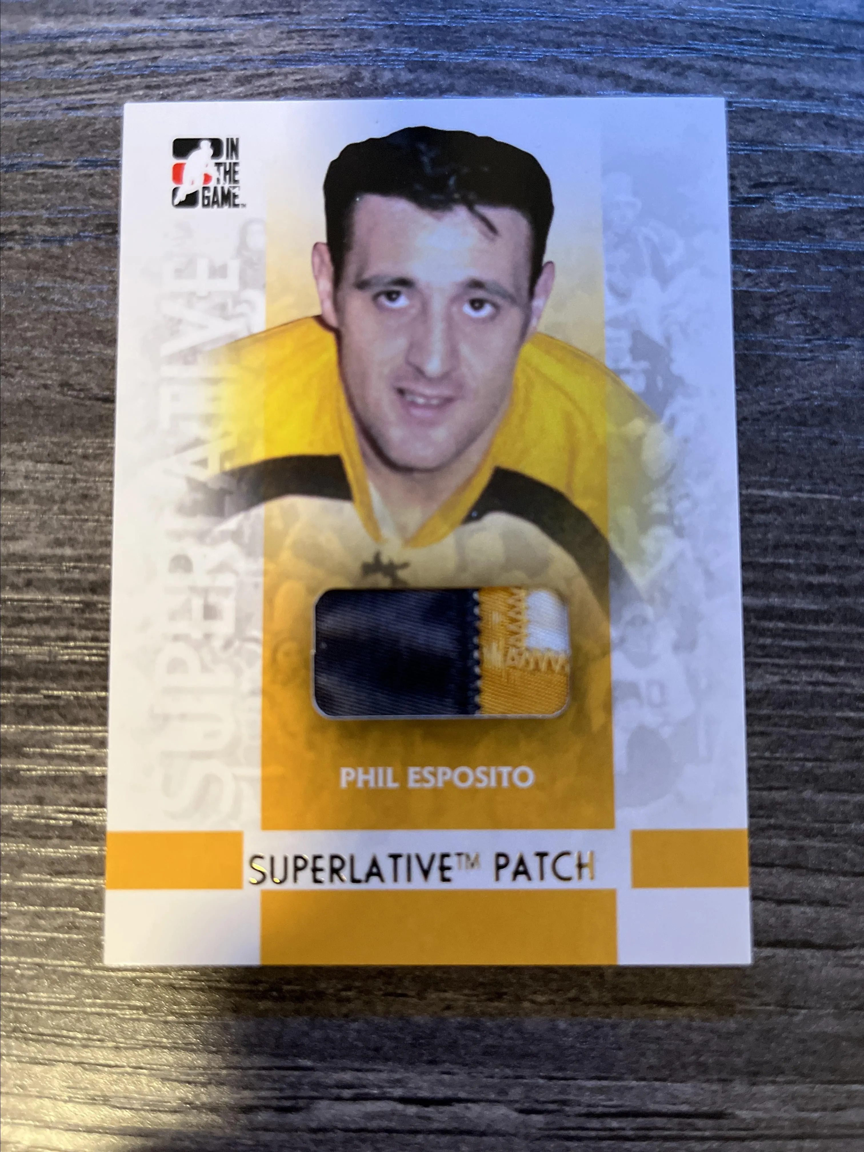 Product image for 2007-08 In the Game Superlative Phil Esposito Superlative Patch Gold /10 #SP-56 - Excellent - 2008 - Hockey - SP-56 - 6/10, Serial Numbered - National Hockey League (NHL) - In The Game - Phil Esposito - 2007-08 In the Game Superlative - Boston Bruins