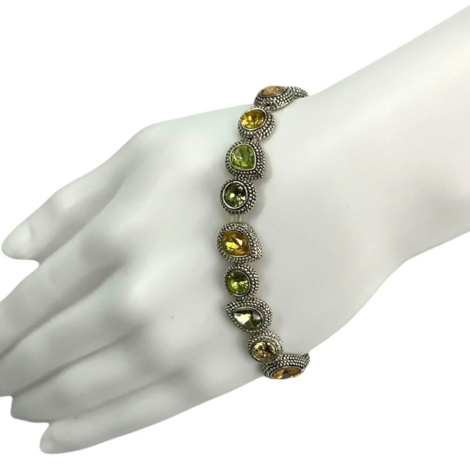 Product image for Vintage Napier Signed Silver Tone Glass Stone Stretchable Bracelet Green Yellow