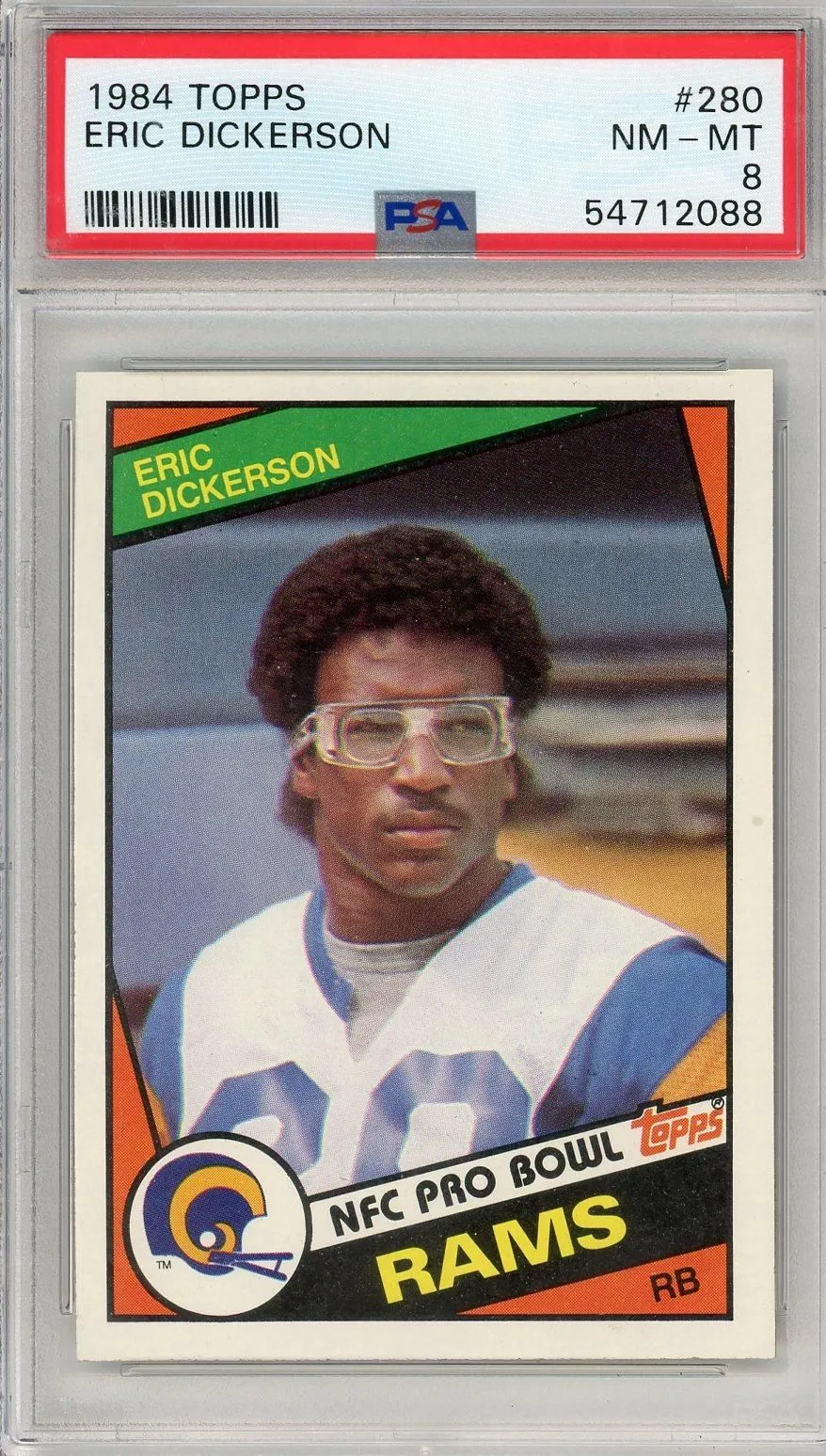 Product image for 1984 Topps Eric Dickerson Rookie #280 PSA 8 Los Angeles Rams - 1984 - Football - 280 - Rookie - Topps - Eric Dickerson - 1984 Topps - 4968 - Los Angeles Rams - 3027