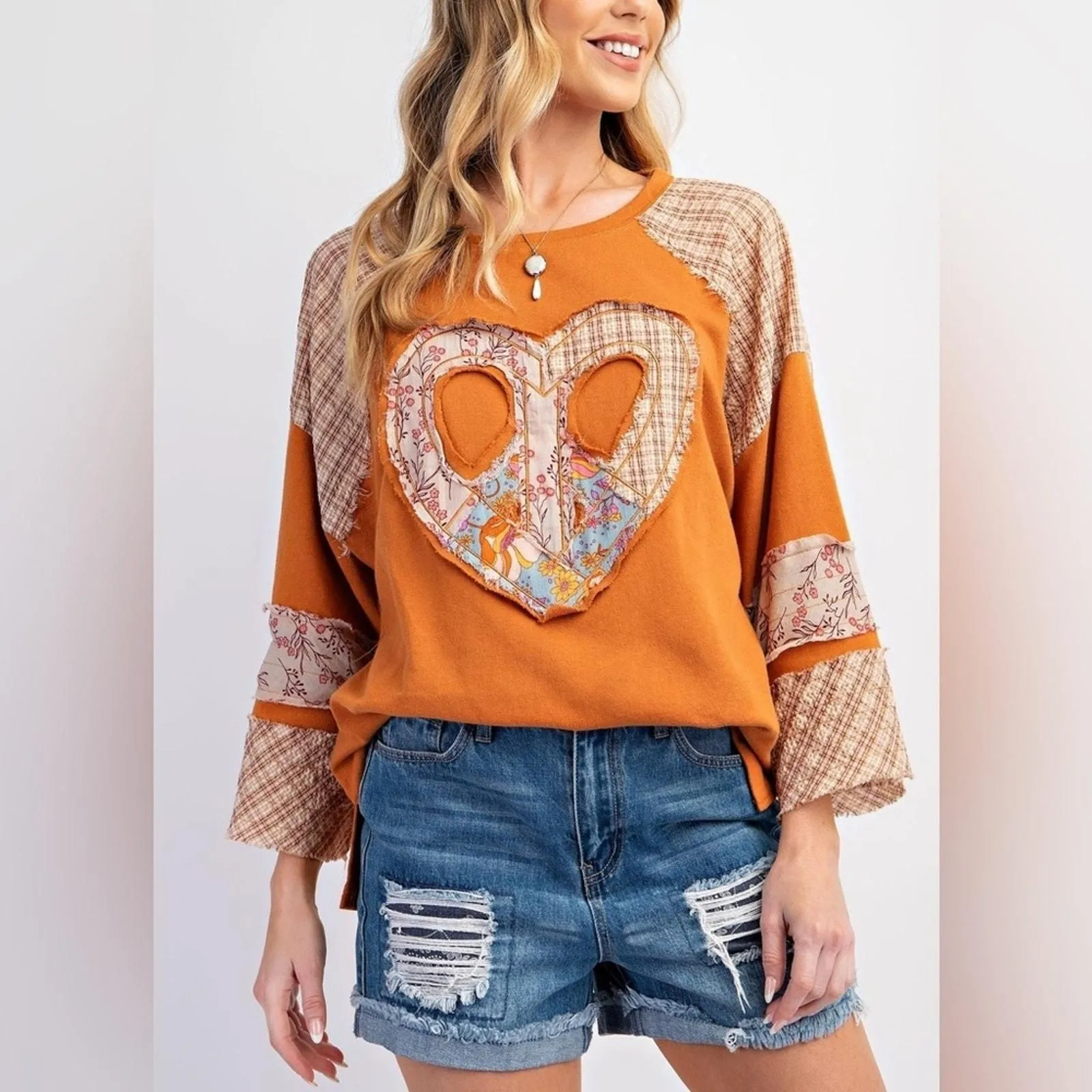 Product image for Premium Cotton Terry Knit Top with Heart Patch in Camel Orange Color L