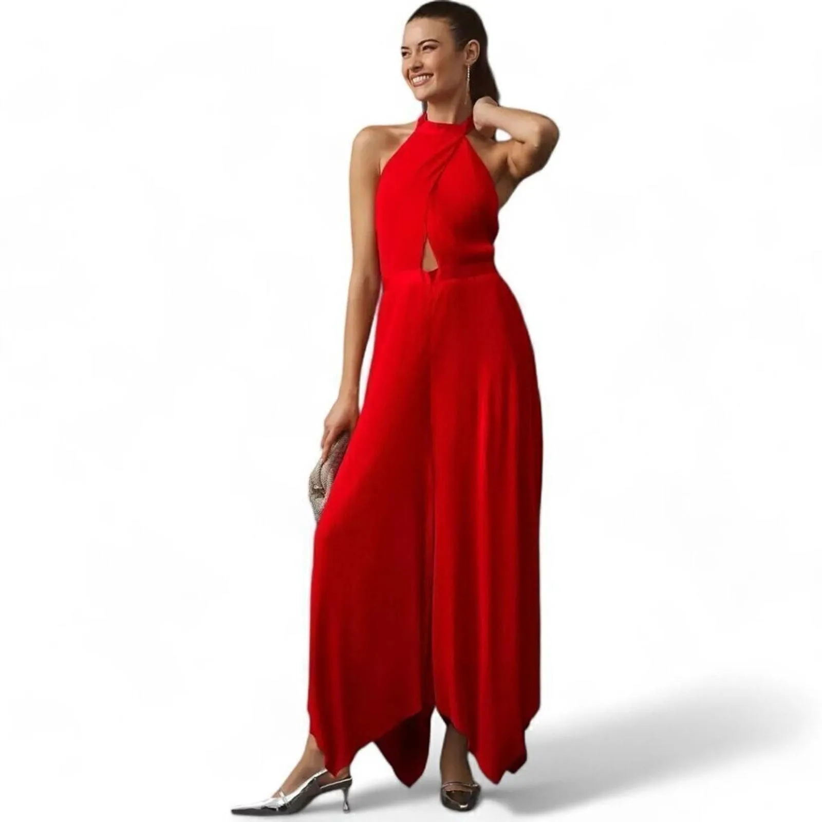 Product image for NWT By Anthropologie Plisse Red Halter Jumpsuit Pleated Open Back Size 8 - new-with-tags - Anthropologie