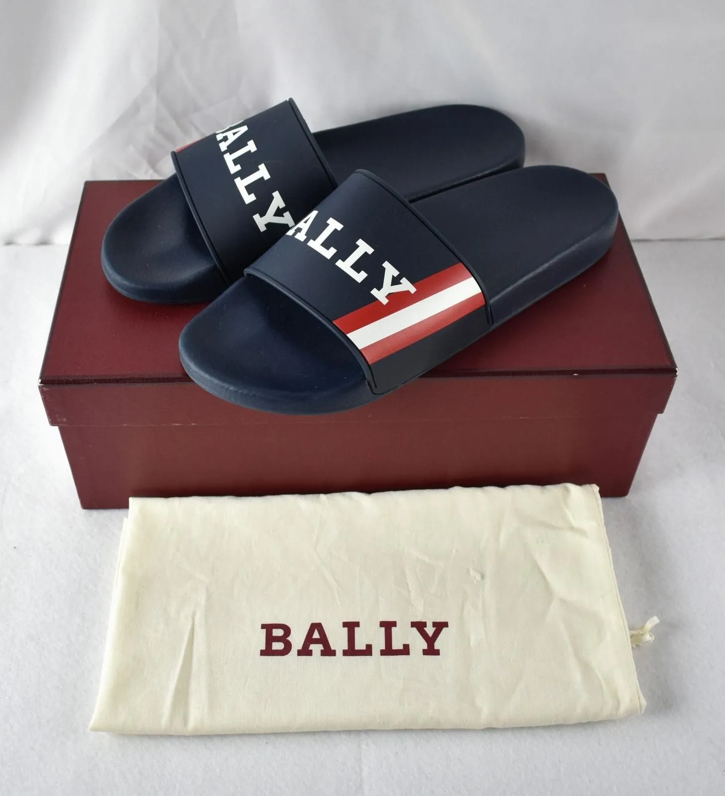 Product image for Bally Men's 11D Simon Ink Logo Rubber Sandals Slippers EUR 10 FR 44  - Blue with Red & White Accents - 195 - Slides - 11  - used - Bally