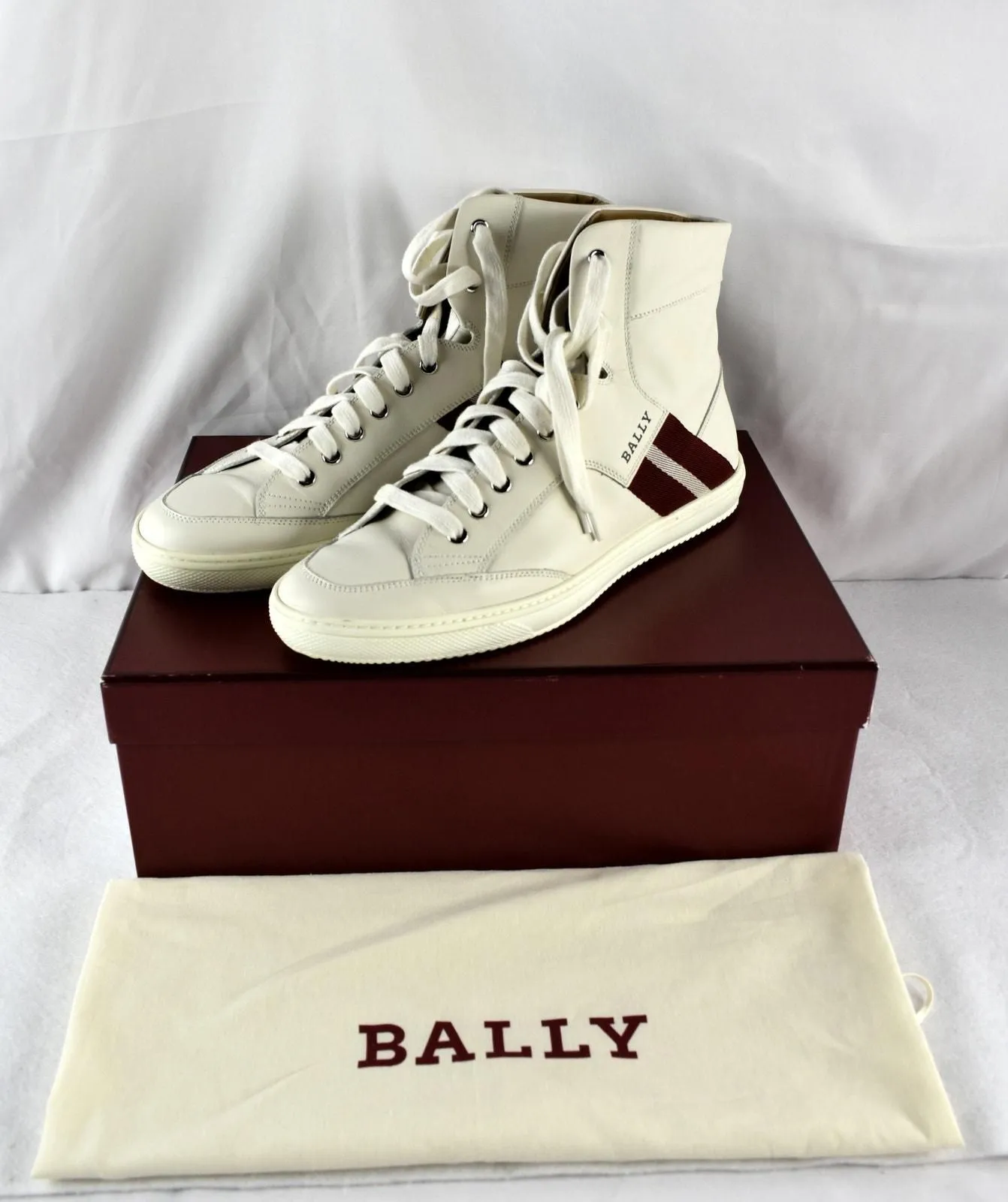 Product image for Bally Oldani White Calf Plain High Top Trainers Men's 10.5 EUR 9.5  - White/Red - 595.00 - High Top Casual Sneaker - 10.5 - used - Bally