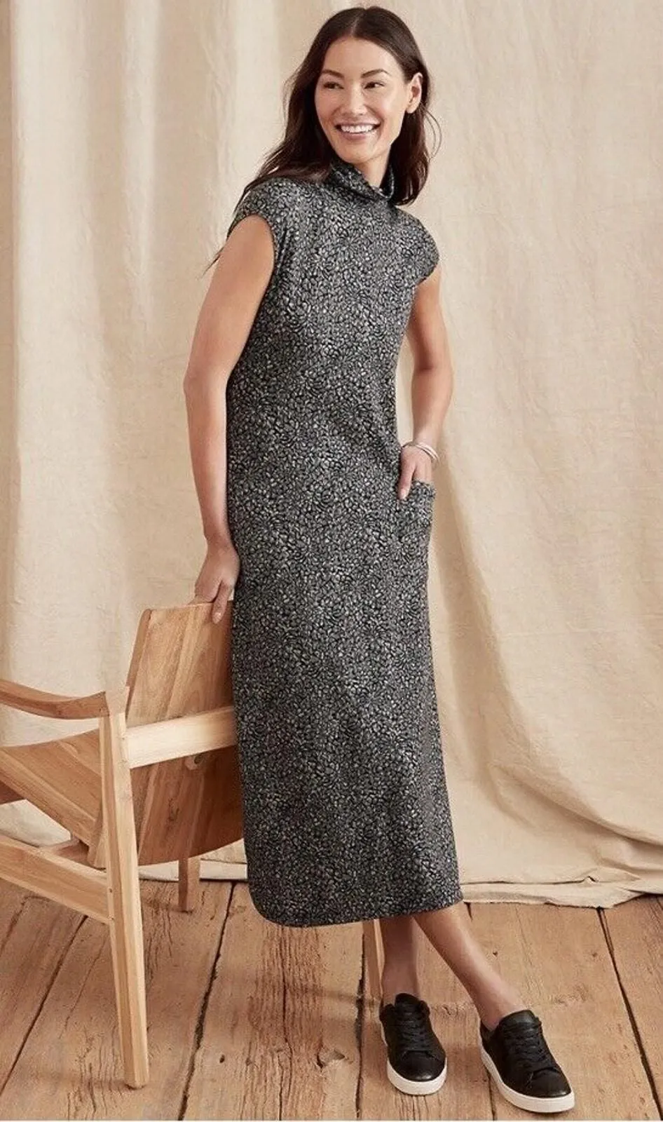 Product image for Garnet Hill Swing Midi Dress Onyx Texture Floral Mock Neck Sleeveless Jersey L - new-with-tags - Garnet Hill