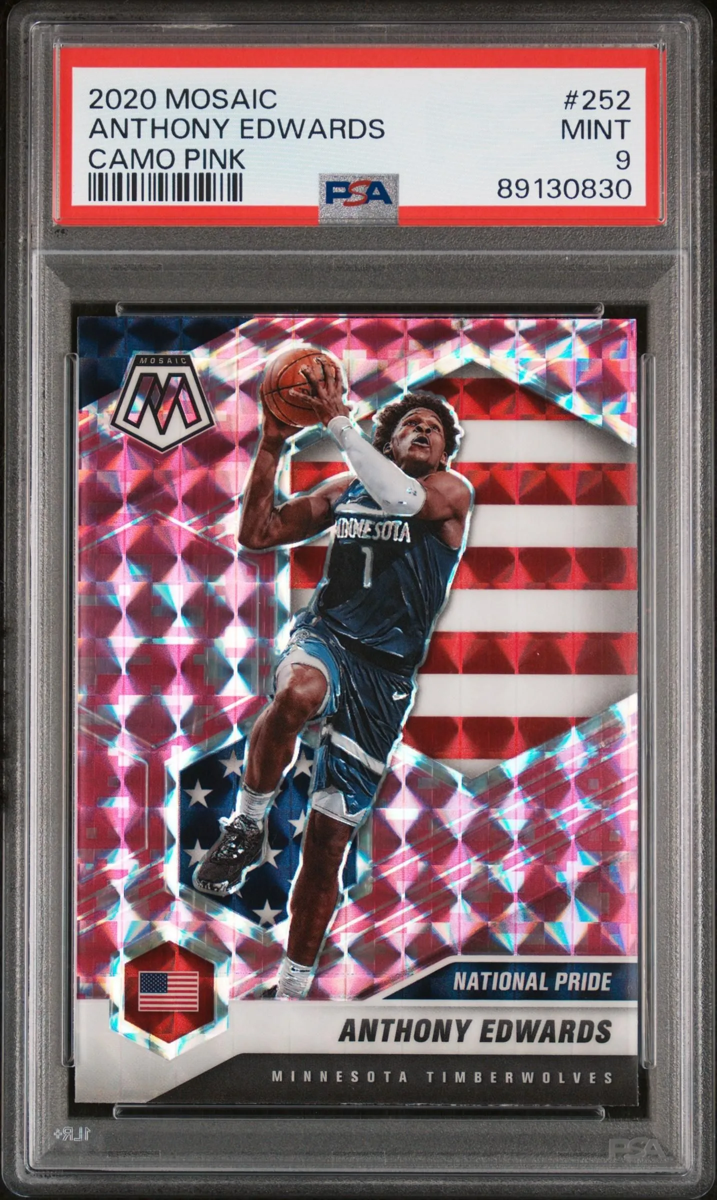 Product image for 2020 Panini Mosaic #252 Anthony Edwards Camo Pink PSA 9