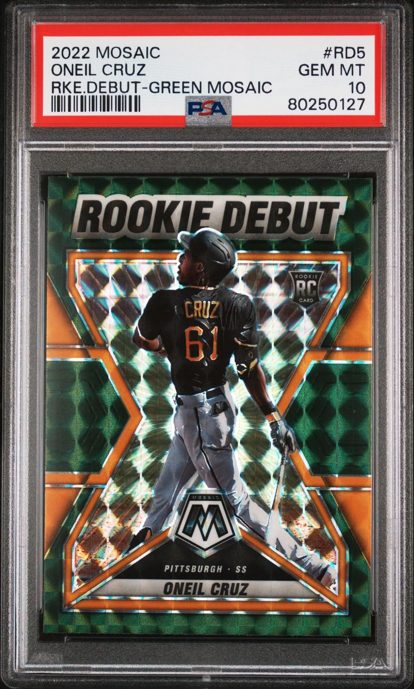 Product image for 2022 Panini Mosaic Rookie Debut #RD5 Oneil Cruz Rke.Debut-Green Mosaic PSA 10