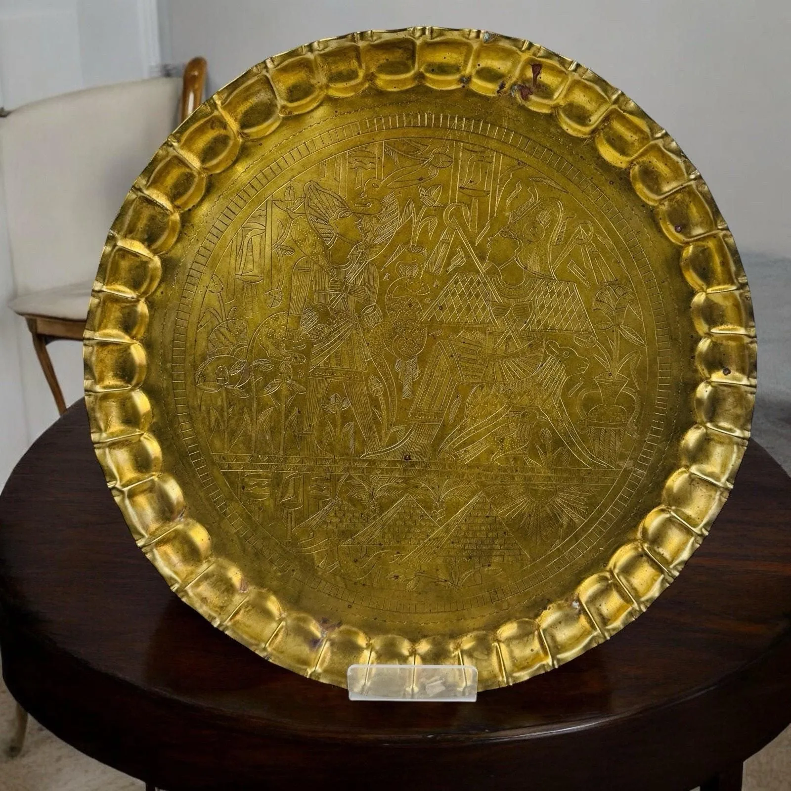 Product image for 15” Brass Tray Egyptian Islamic Middle Eastern Hand Engraved Arabic Hand Tooled - pre-owned---good