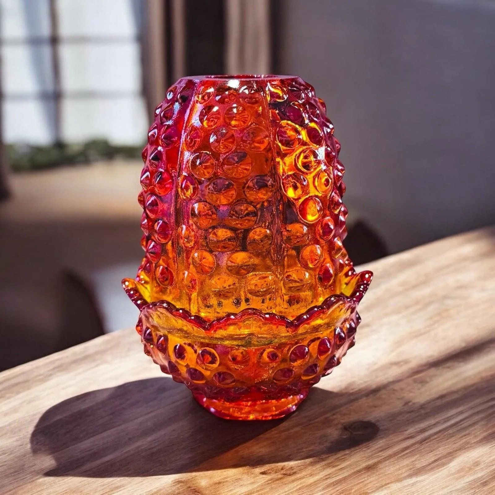 Product image for Fenton Amberina Orange Yellow FAIRY LAMP Scalloped Hobnail Marked 4.25” Tall