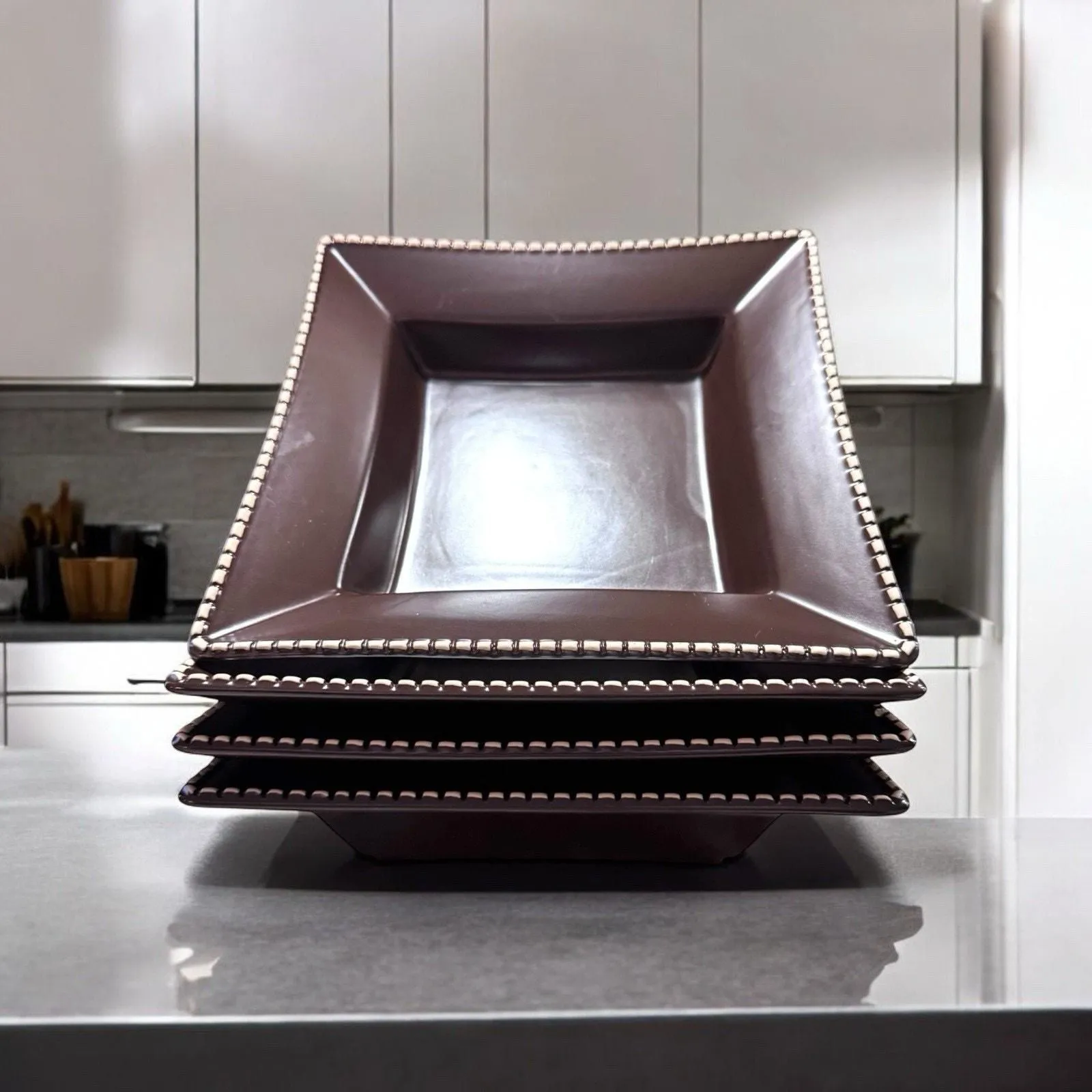 Product image for Brown Italian Stitch Mario Batali Square 8" Bowls Matte Finish Set of 4