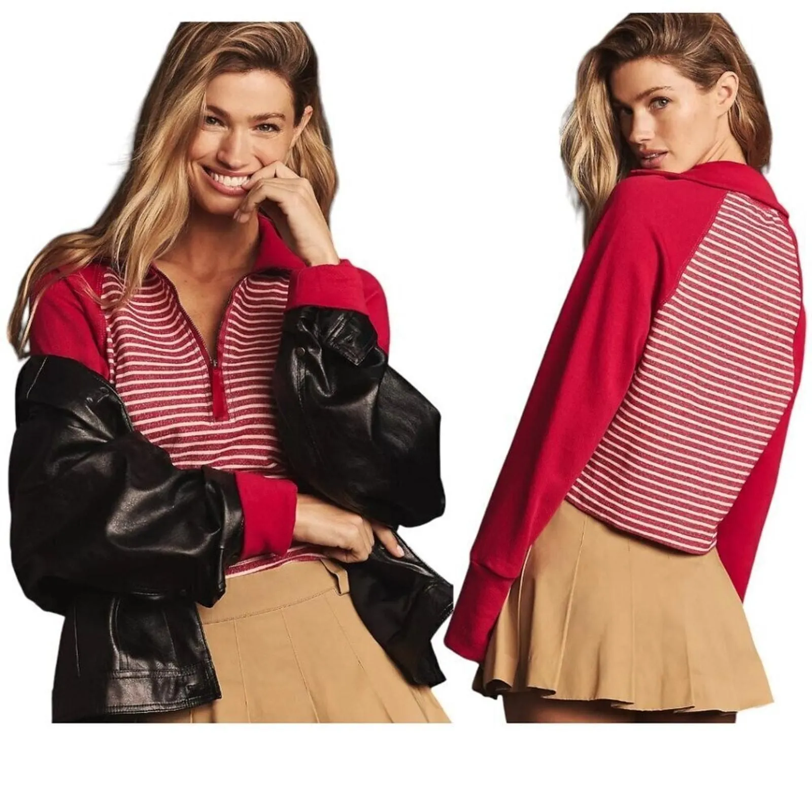 Product image for Anthropologie Pilcro Collared Half Zip Pullover Stripe Top Pink White Size M - new-without-tags - Pilcro