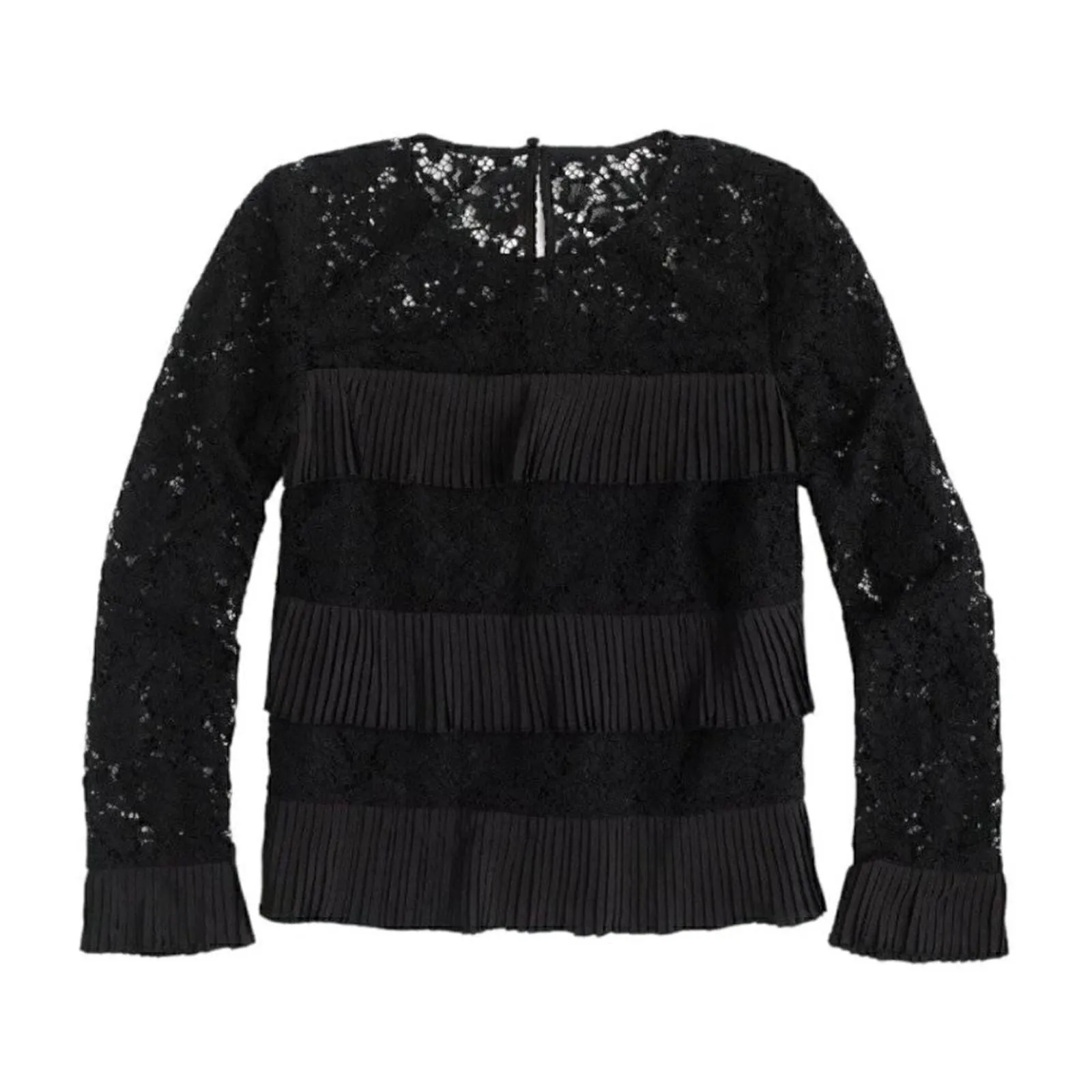 Product image for J. Crew H2354 Black Tiered Pleated Ruffles Long Sleeve Lace Top Blouse Size S - new-without-tags - J. Crew