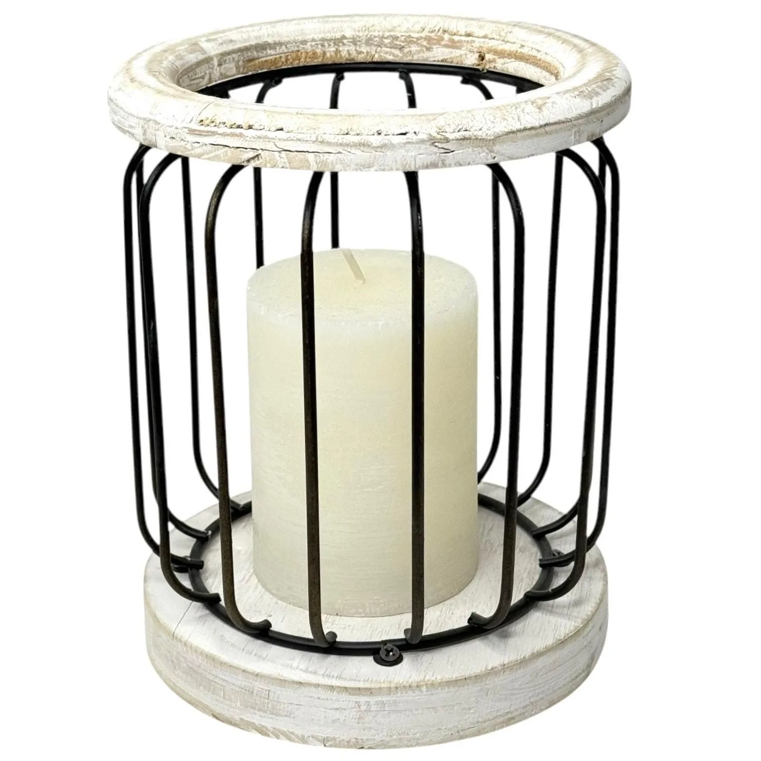 Product image for VTG Candle Holder w/ Candle White Wood Black Metal Bird Cage 7.5"Lantern Style