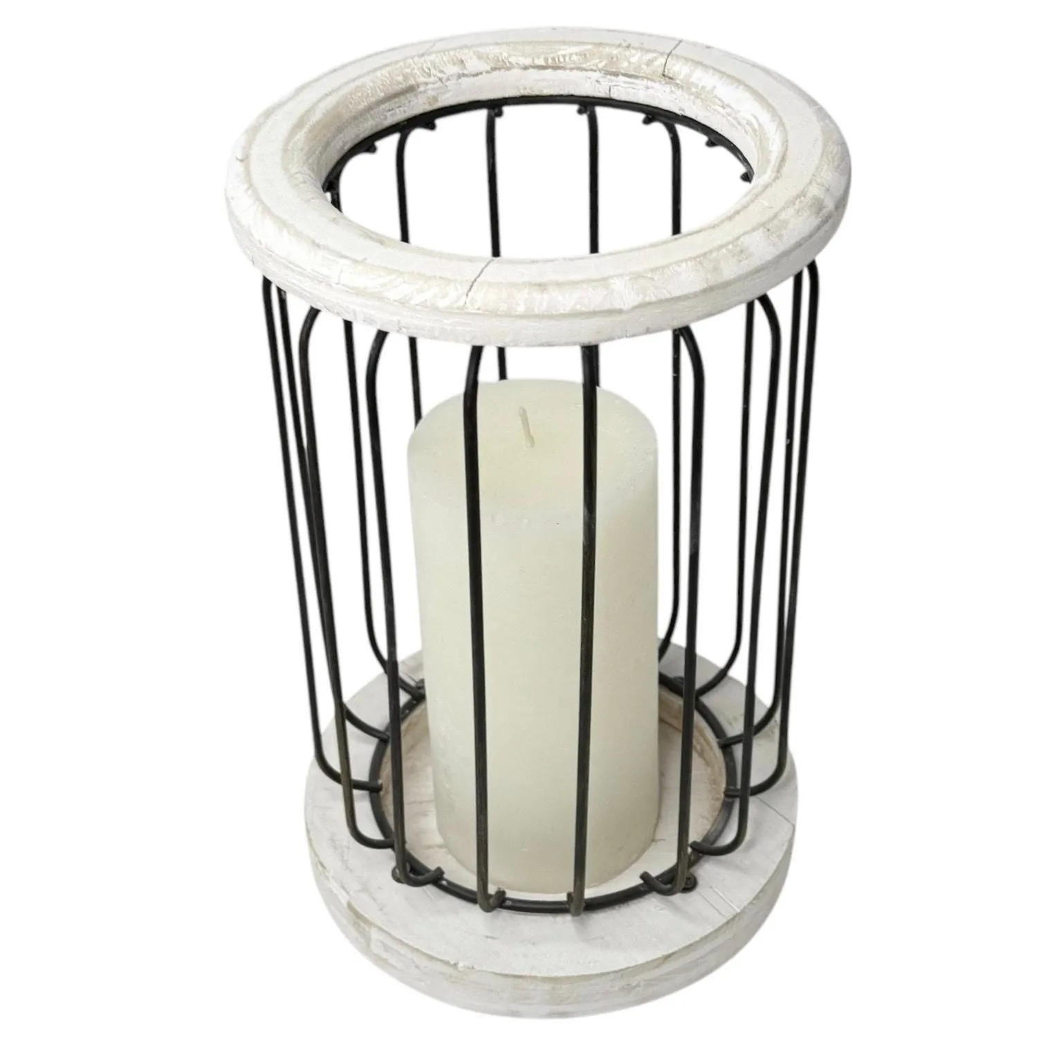 Product image for VTG Candle Holder w/ Pillar Candle 10” White Wood Black Metal Bird Cage Lantern