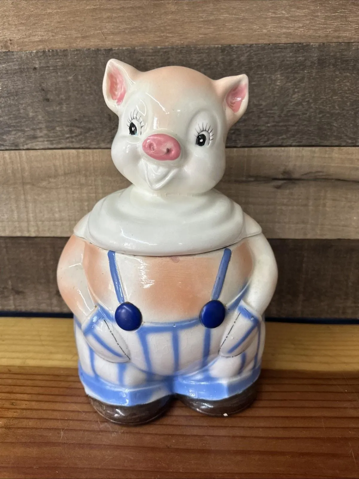 Product image for Vintage 1940s PIG IN OVERALLS Cookie Jar Lorraine Elam Ceramic