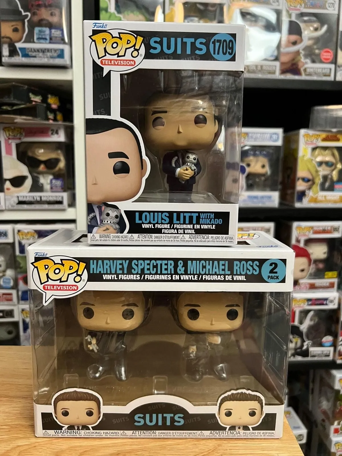 Product image for 2 Suits Funko Pops Louis Litt Mikado #1709 Harvey Specter & Michael Ross 2-Pack