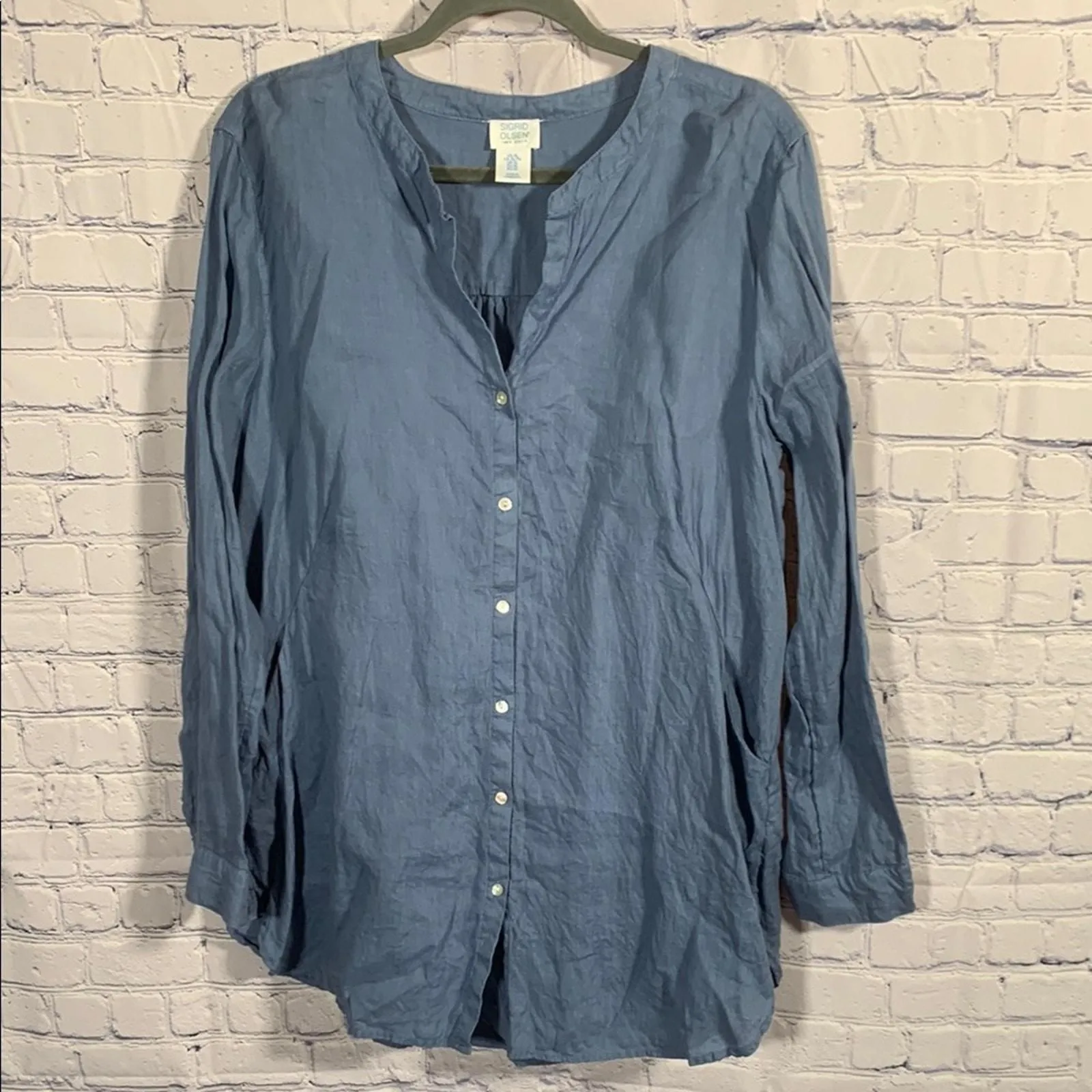 Product image for Sigrid Olsen Linen Button Down Longer Length Shirt Blue Sz XL Lagenlook Natural - pre-owned---excellent - Sigrid Olsen