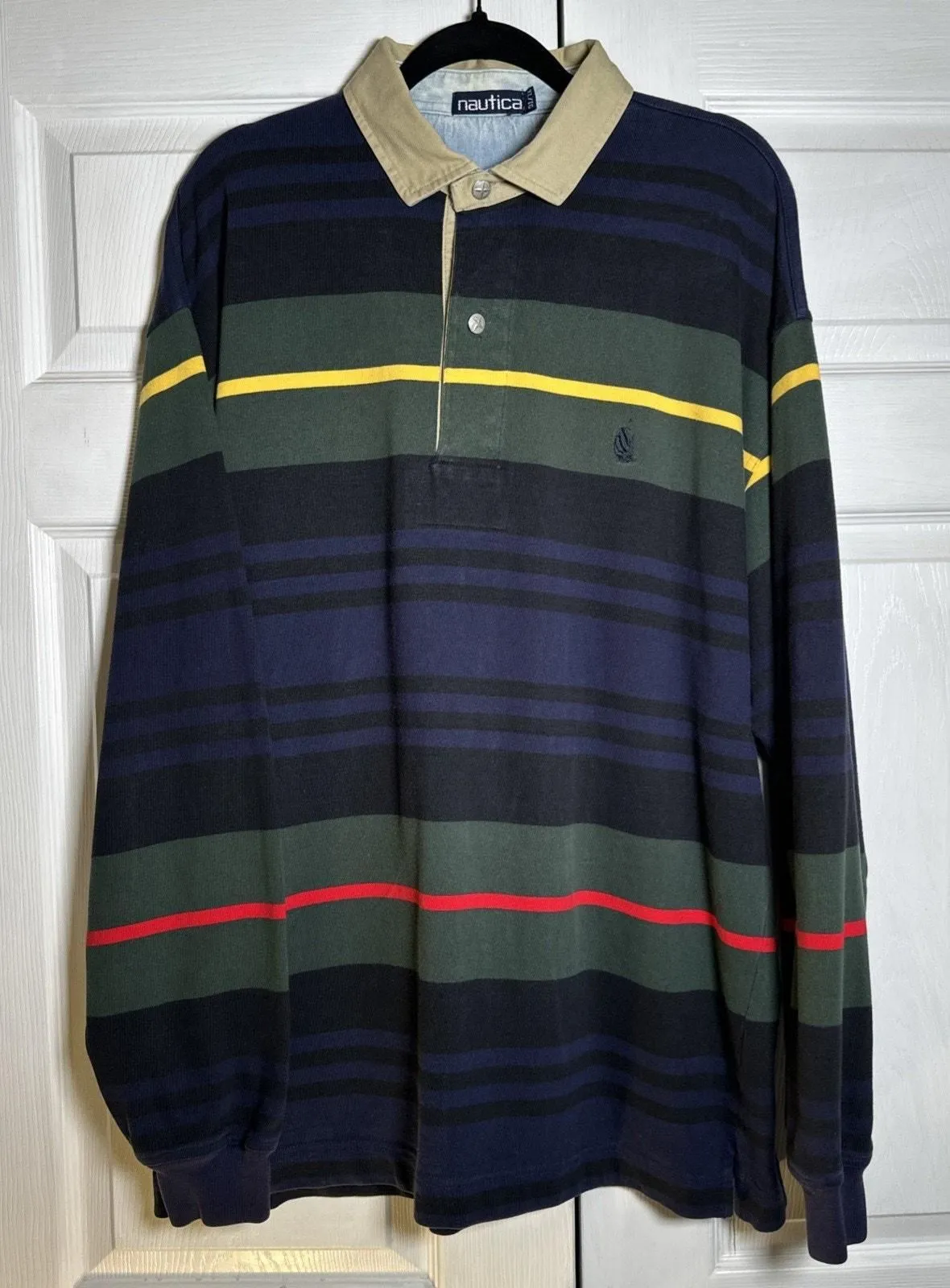 Product image for Vintage 90’s Nautica Long Sleeve Collard Silver Button Stripped Men’s XL/TG - Nautica