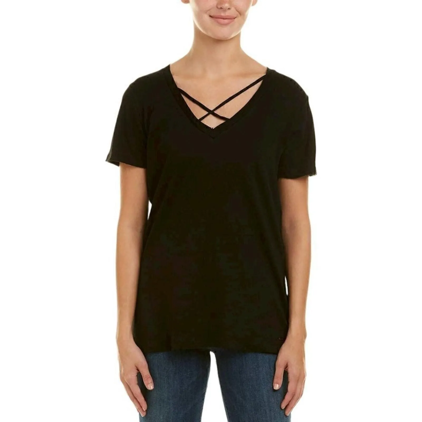 Product image for Philanthropy Women's Black Short Sleeve Criss-Cross Neckline Robbie Top Size XS - new-without-tags - Philanthropy