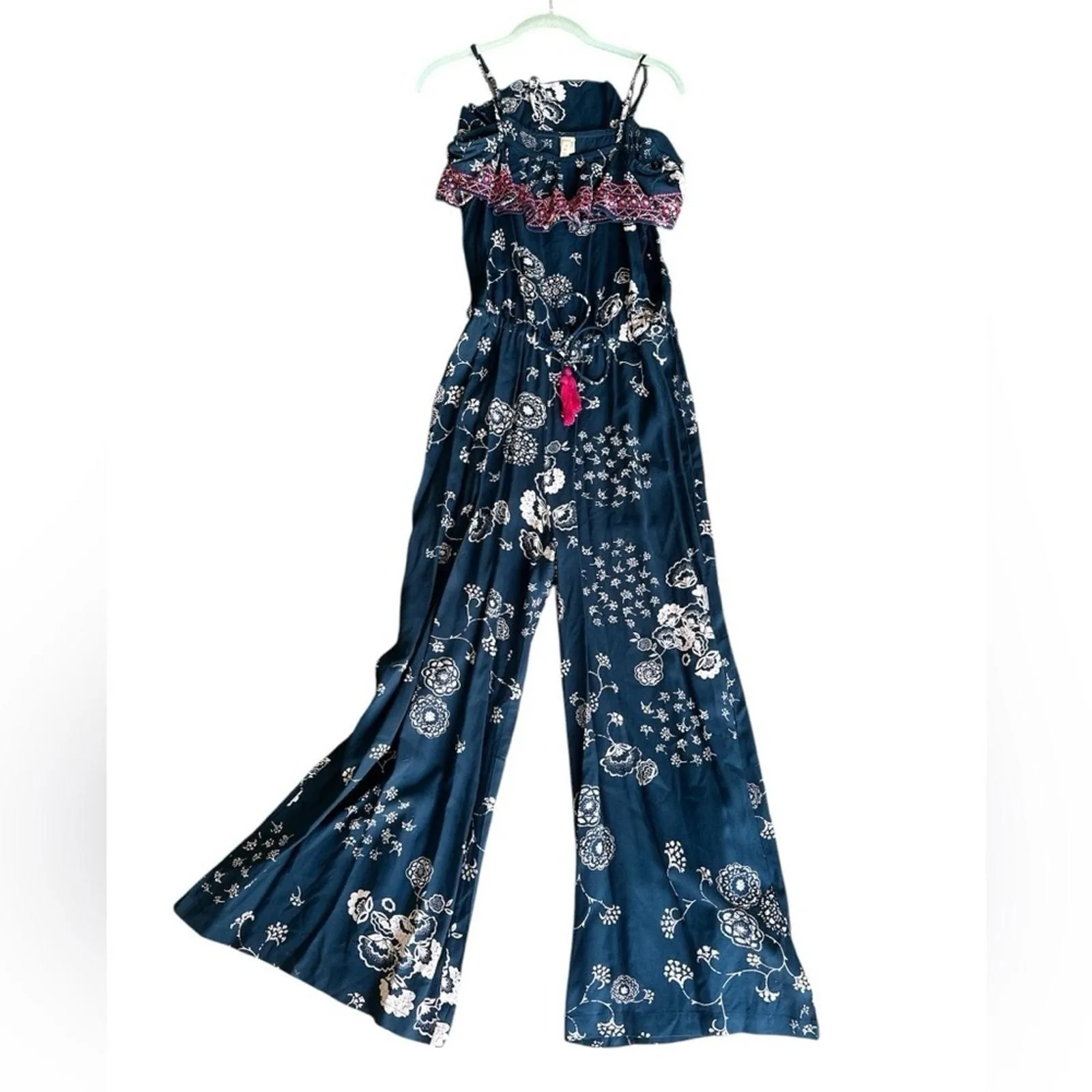 Product image for ANTHROPOLOGIE RAGA FRILL TOP BLUE & WHITE FLORAL JUMPSUIT WOMEN'S XS NEW $120! - RAGA