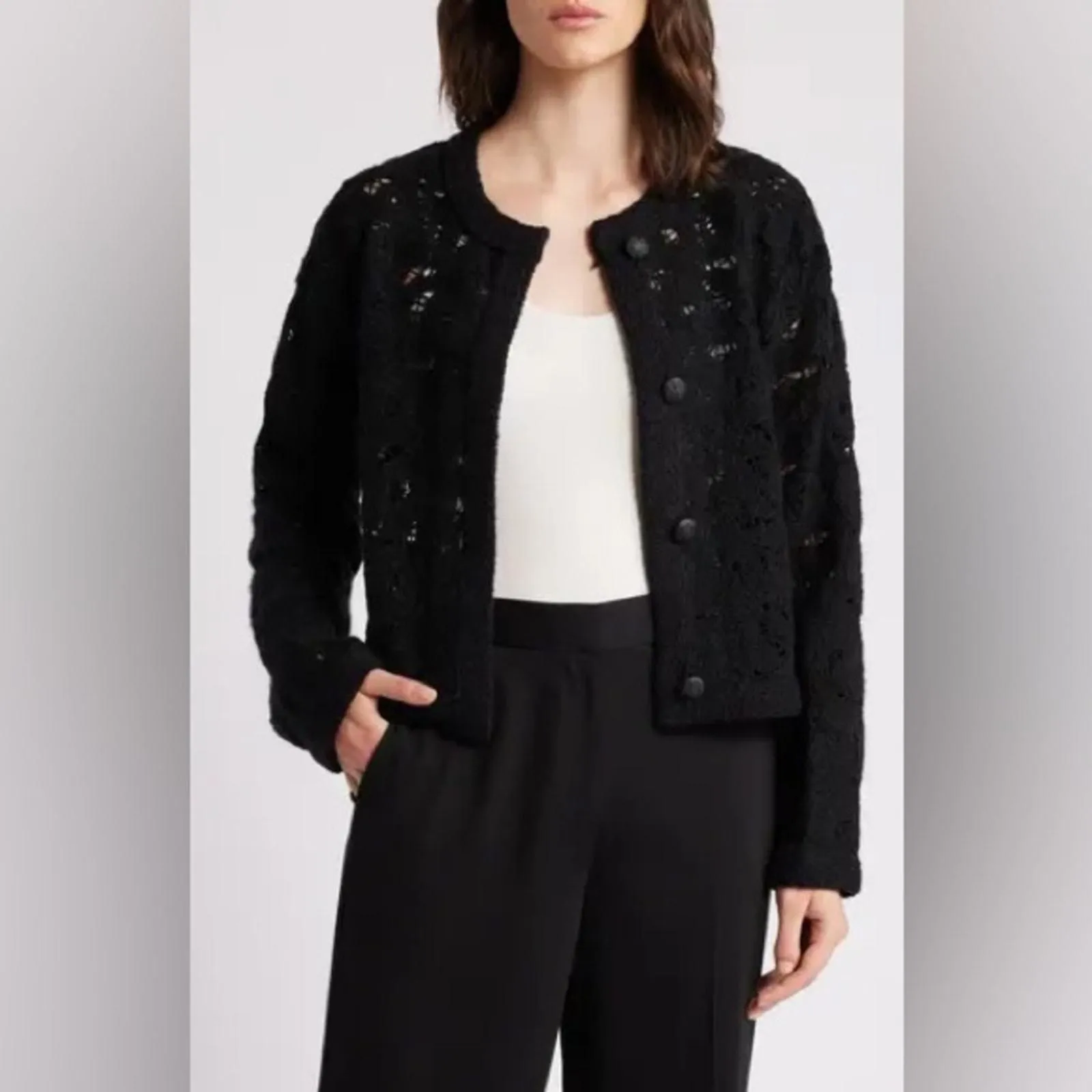 Product image for $498! Kobi Halperin Cece Wool-Blend Cardigan Sweater Color 4AA Black SZ L - Kobi Halperin