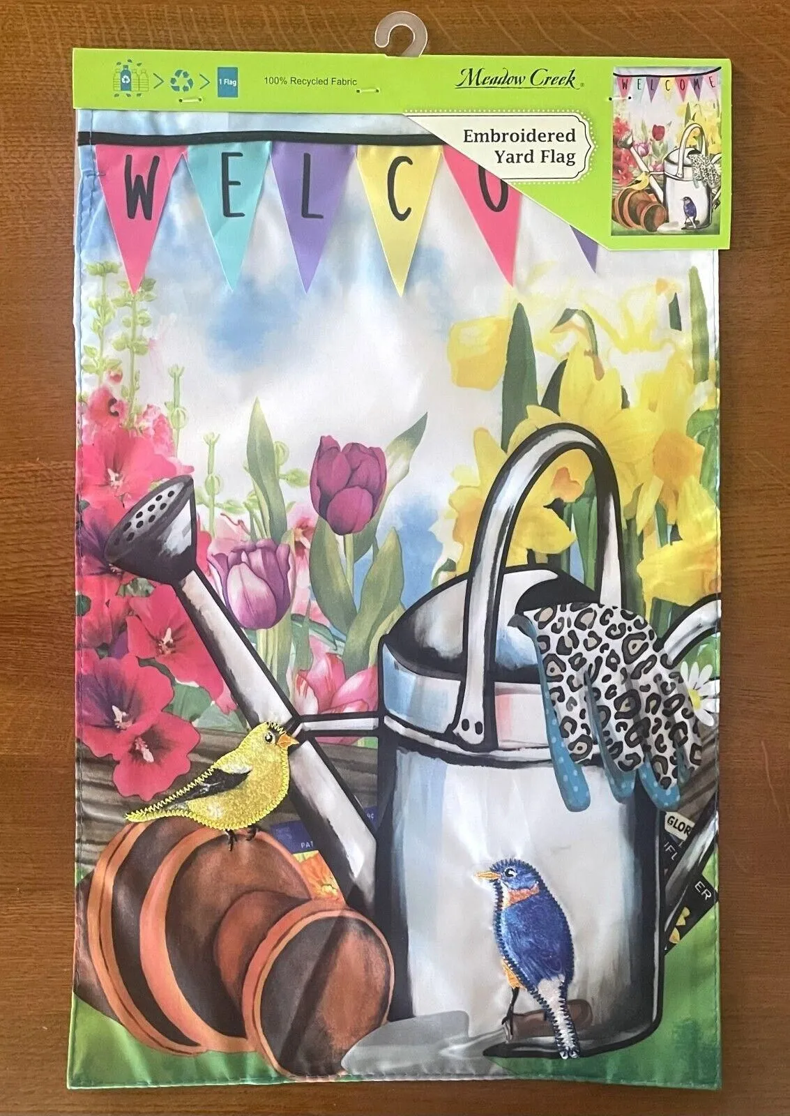 Product image for Welcome, Water Can, Birds, And Garden Embroidered Yard Flag (Meadow Creek)