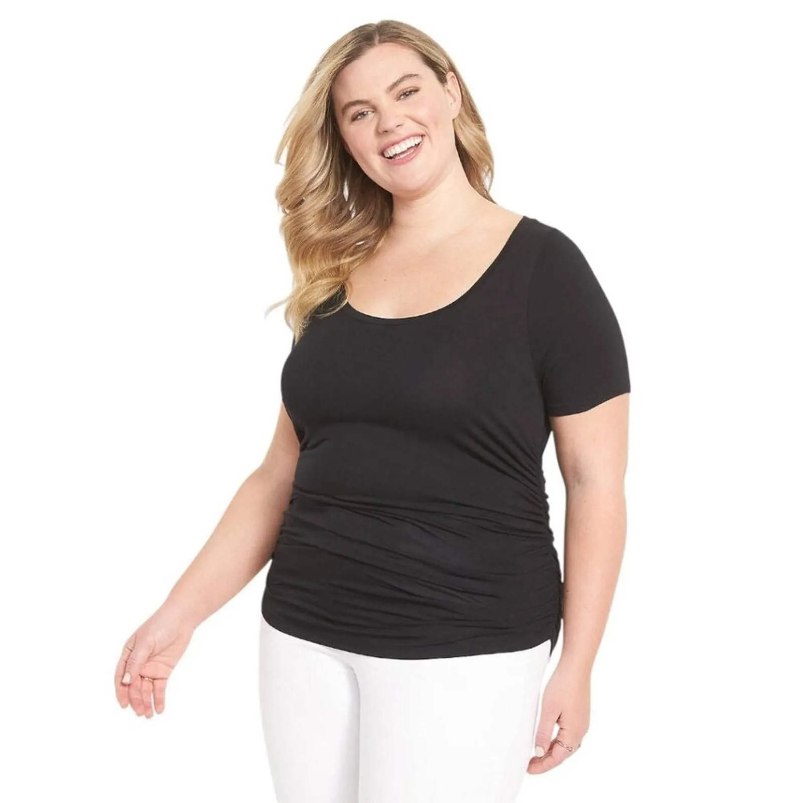 Product image for Lane Bryant Illusion Short Sleeve Scoop Neck Ruched T Shirt Black 22/24 NWT $40 - new-with-tags - Lane Bryant