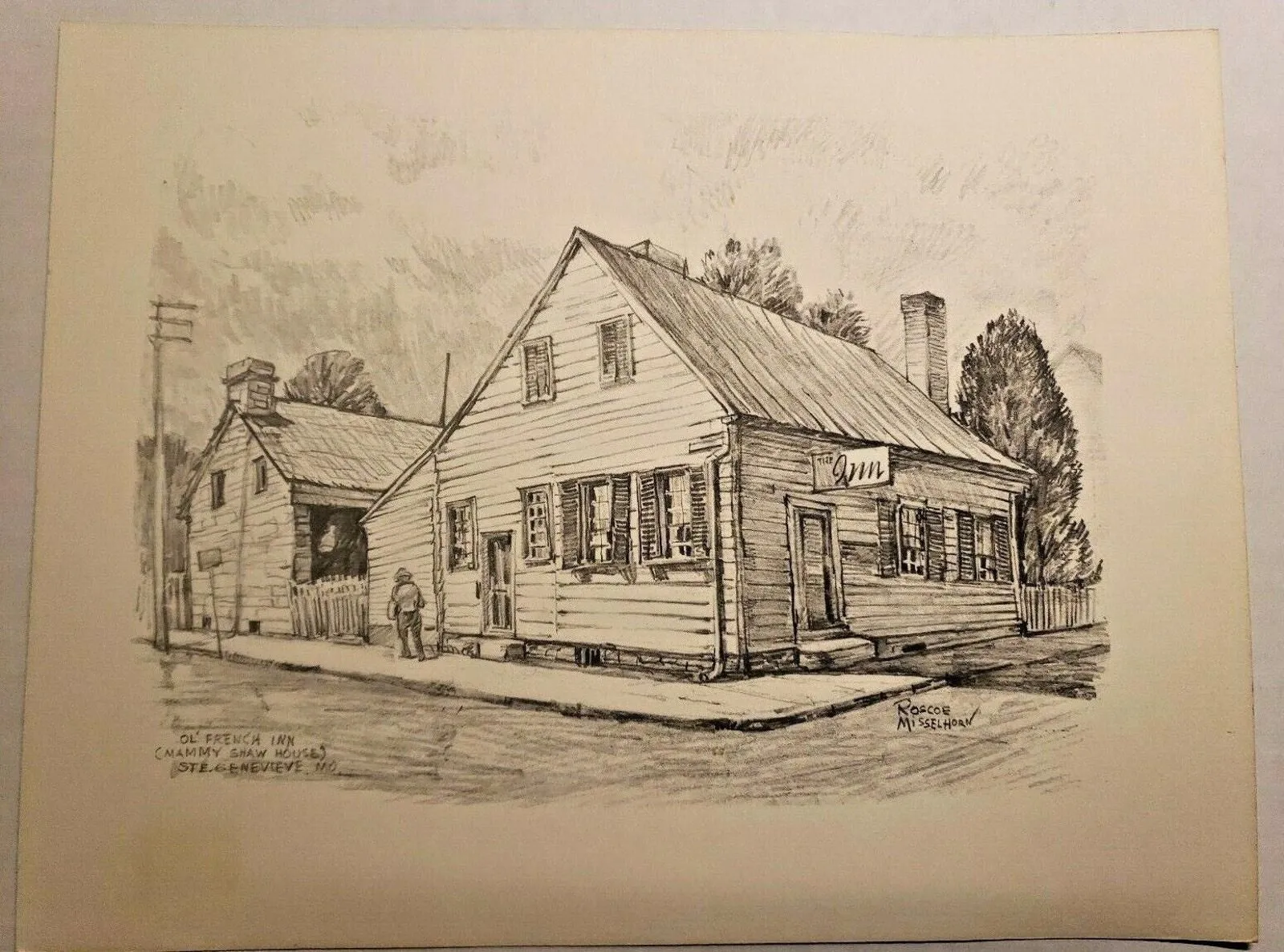 Product image for Vintage Misselhorn Sketch Print Saint Genevieve Mo Ol' French Inn Unframed