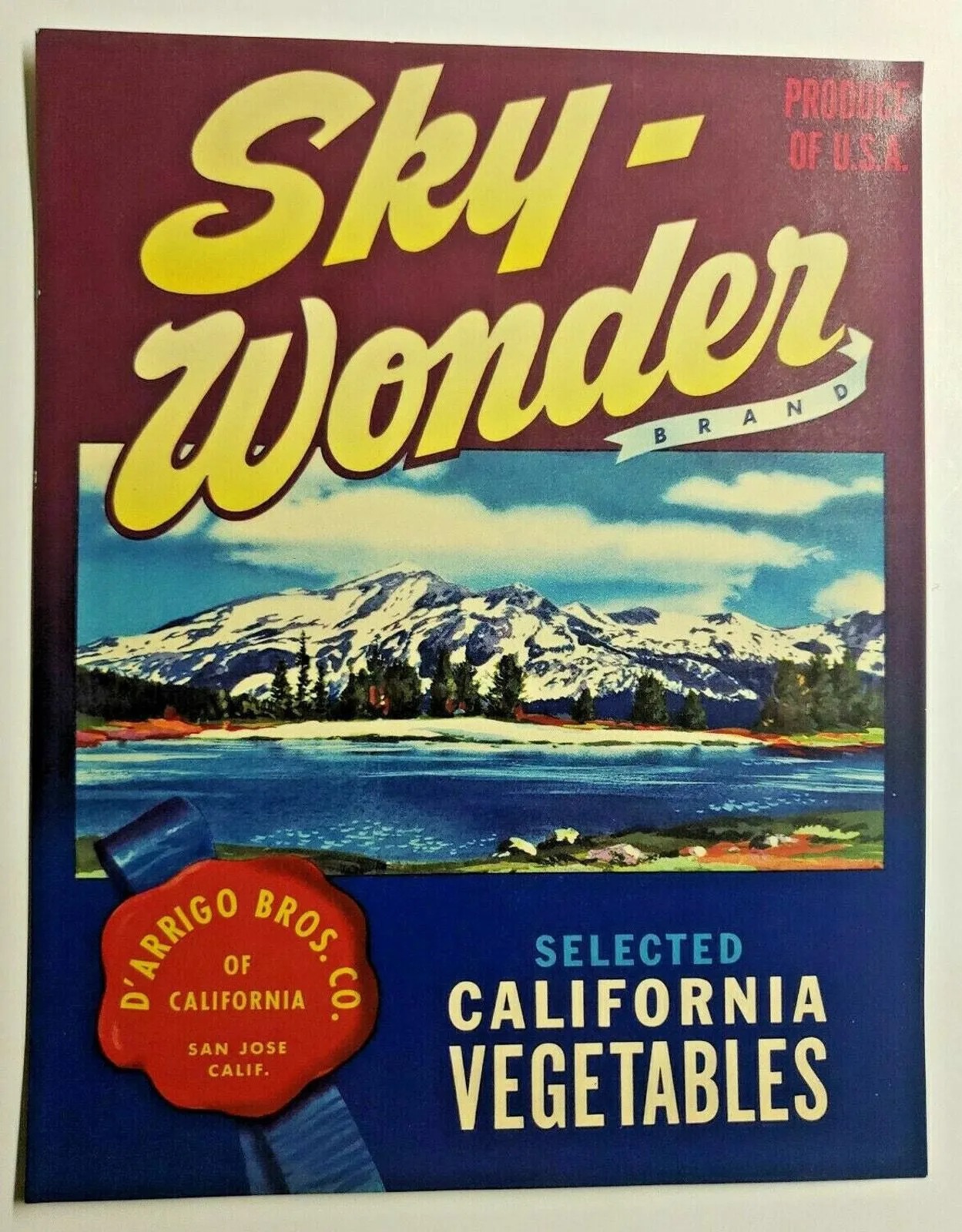 Product image for Vintage 1940's Sky Wonder DArrigo Bros Vegetable Crate Label (B-2)