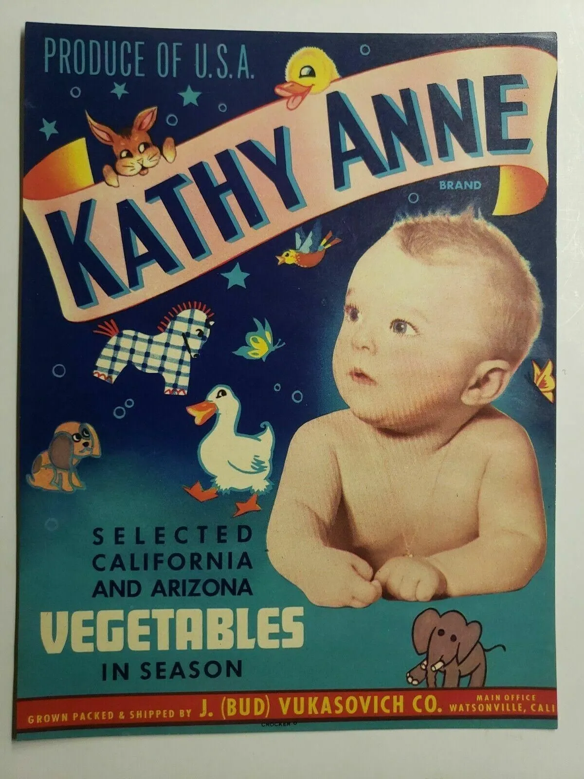 Product image for Vintage Kathy Anne Baby Girl Nursery Toys Vegetable Crate Label (B-2)