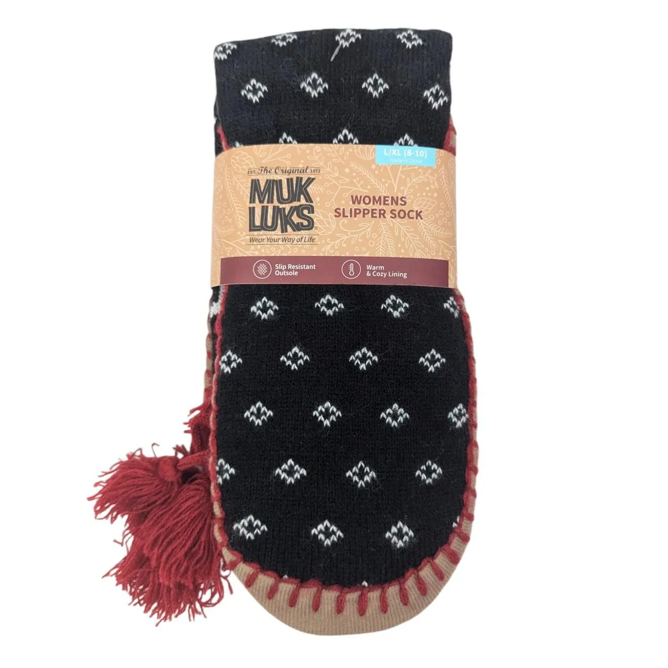 Product image for Muk Luks Womens Slipper Socks Slip Resistant Tassel Black Red L XL 8-10 Cozy NEW - new - Muk Luks