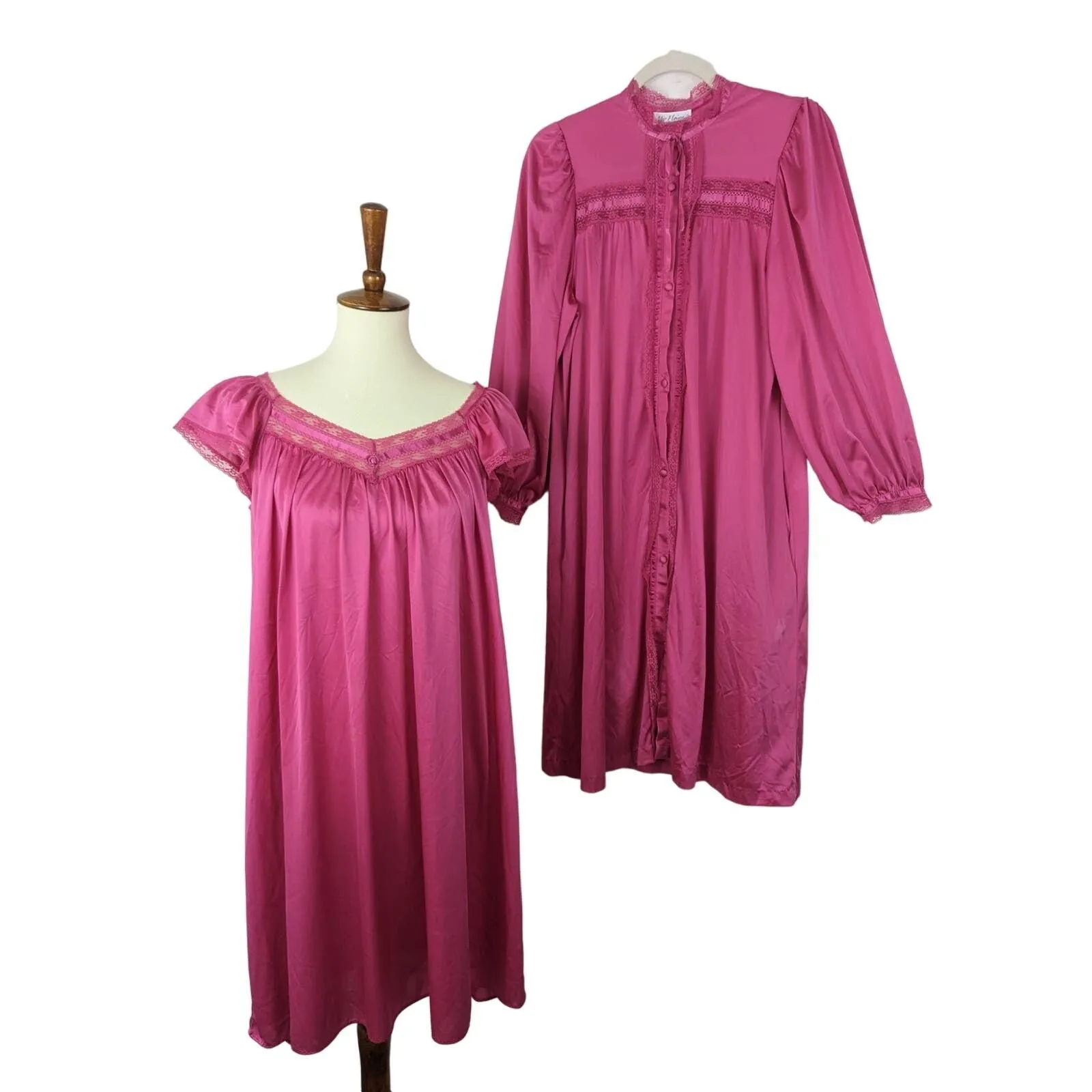 Product image for Vintage Miss Elaine Satin Nightgown Robe Set Hot Pink Size S L Union Made USA  - pre-owned---good - Miss Elaine
