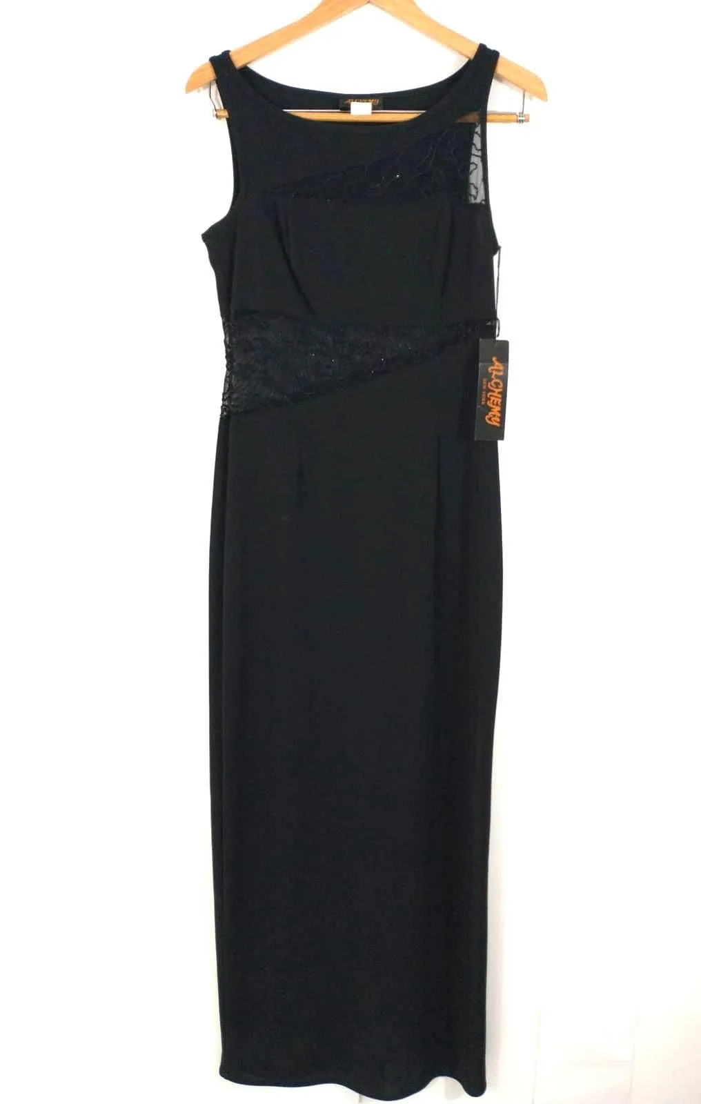 Product image for Vintage Alchemy NY Y2K Black Mesh Cutout Maxi Dress Size 12 NWT Goth Grunge 90s - new-with-tags - Alchemy