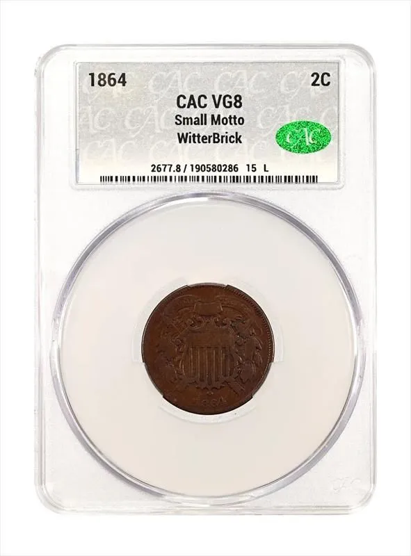 Product image for 1864 Small Motto 2c CACG VG8 - Coins, U.S. currency - Copper - Business - true - VG 8