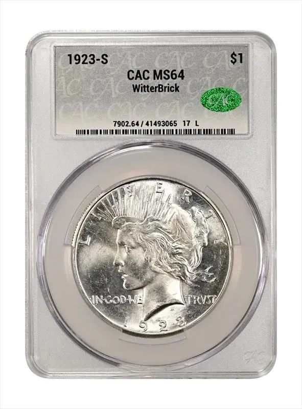 Product image for 1923-S $1 CACG MS64 - Coins, U.S. currency - Silver - Business - true - MS 64 - Mint State