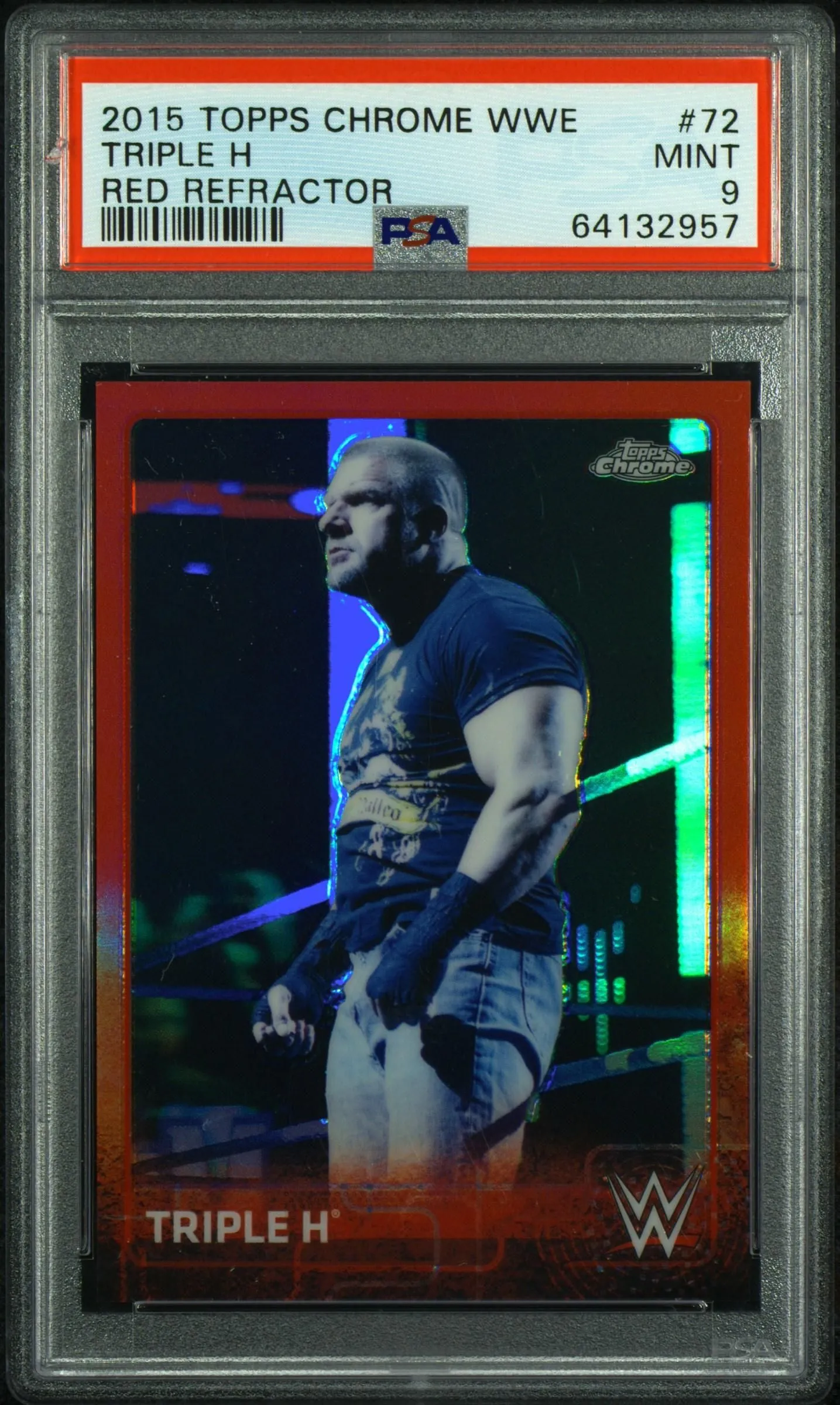 Product image for 2015 Topps Chrome WWE Triple H #72 Red Refractor /5 PSA 9 - 2015 - Boxing/Wrestling - 72 - Topps - Triple H - 2015 Topps Chrome WWE - 1 - 0 - Red Refractor - Yes