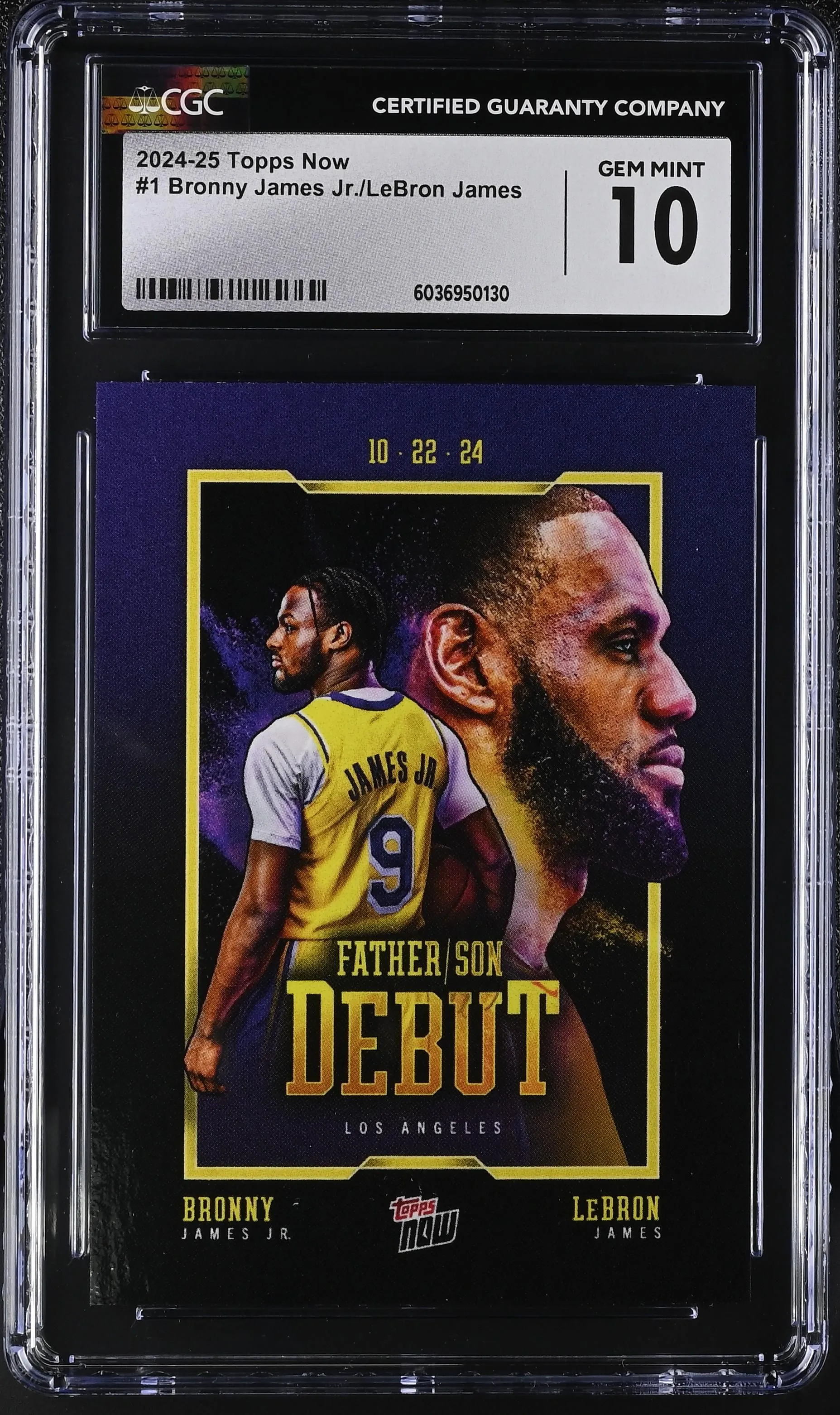 Product image for 2024-25 Topps Now Bronny James Jr./LeBron James #1 CGC 10 - Yes - 2024 - 6036950130 - 10 - Basketball - Certified Guaranty Company (CGC) - 1 - Topps - Bronny James Jr./LeBron James - 2024-25 Topps Now