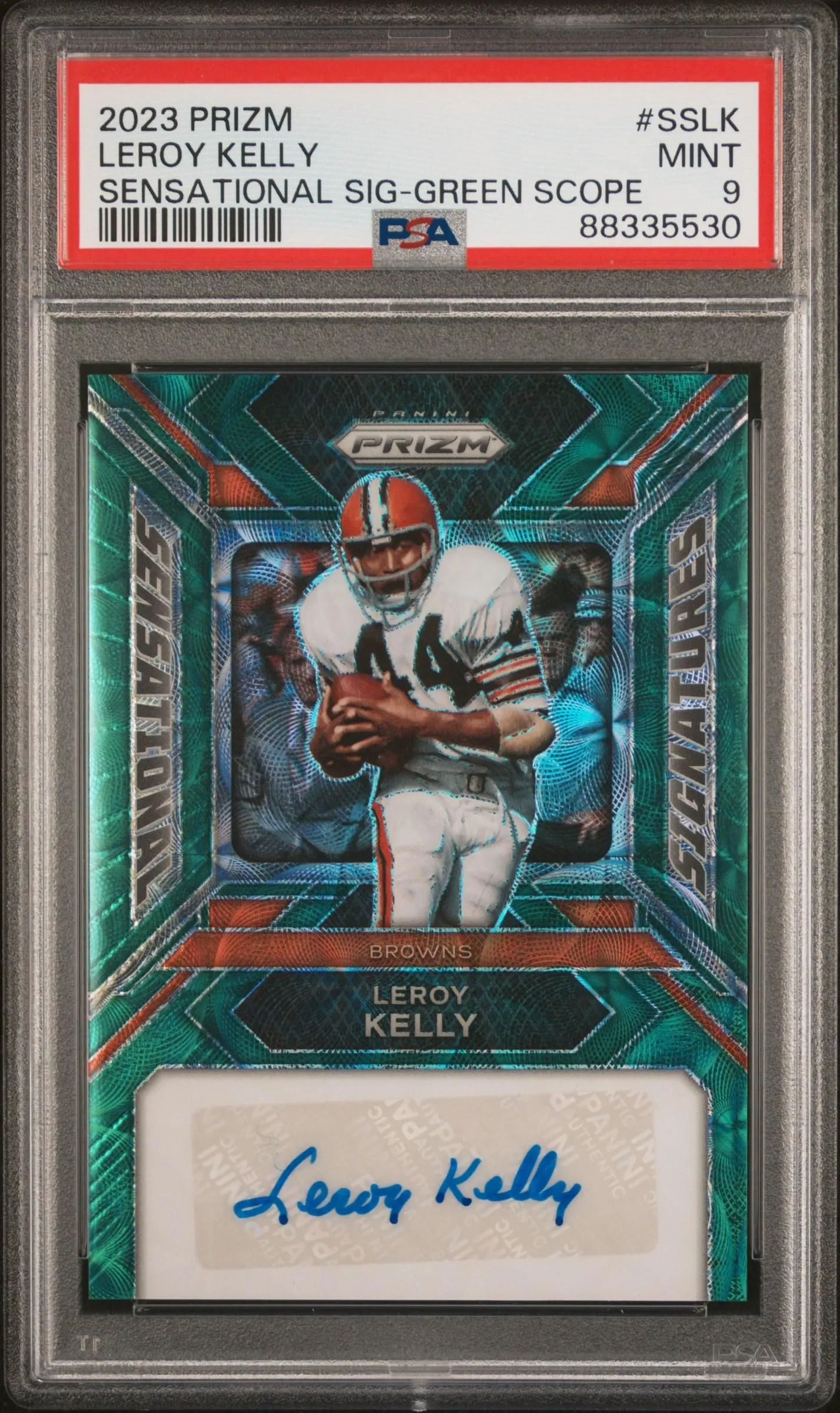 Product image for 2023 Prizm Leroy Kelly Green Scope Sensational Signatures Auto /75 Browns PSA 9 - 2023 - Football - SSLK - Panini - Leroy Kelly - 2023 Panini Prizm Sensational Signatures - 1 - 0 - Sensational SIG Green Scope - Yes
