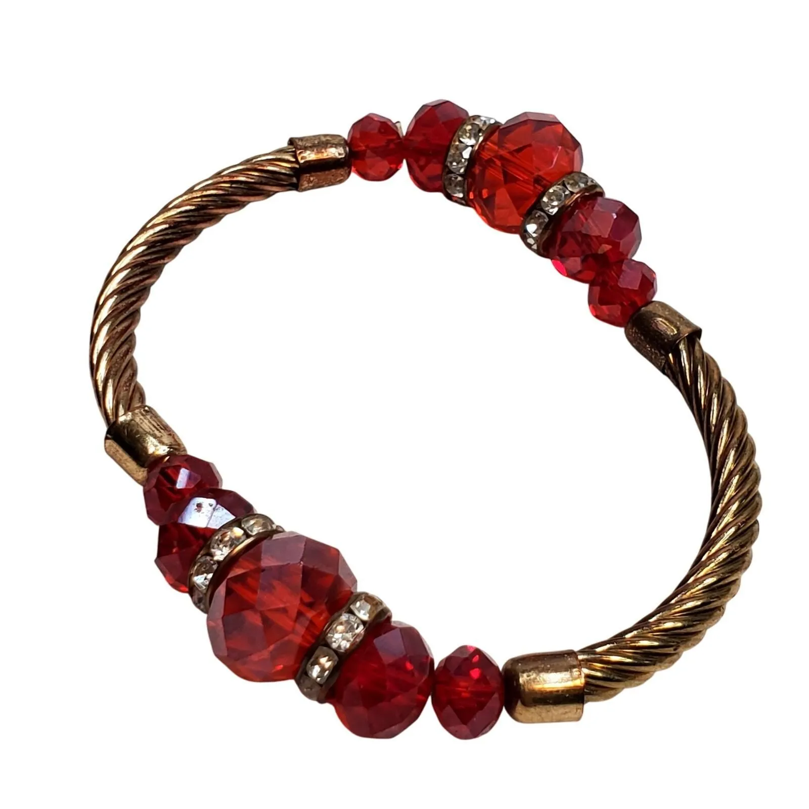 Product image for Vtg Ruby Red Glass Bead, Roundels Silver Plate Metal Twist Stretch Bracelet 3" - Bracelet - pre-owned---excellent