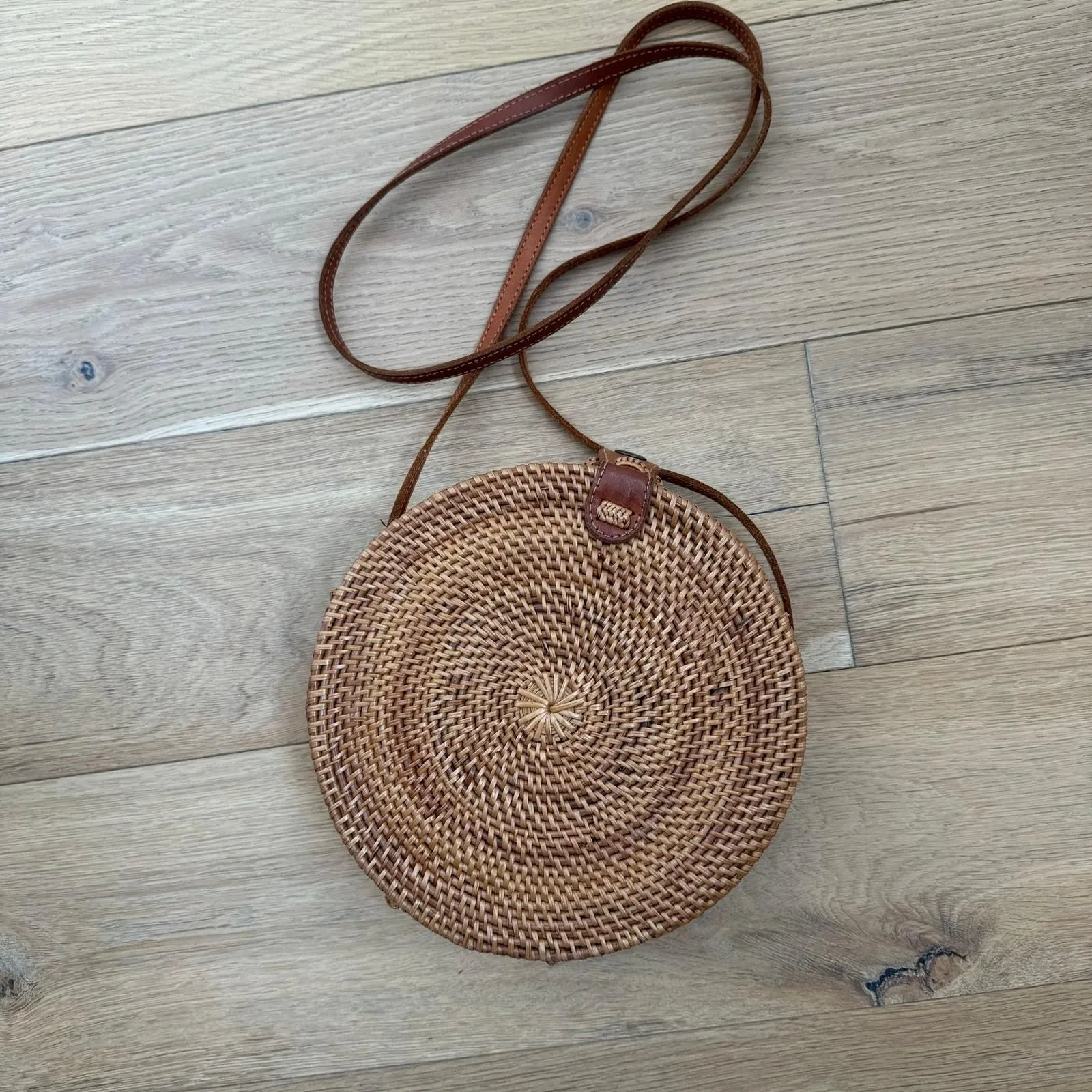 Product image for Street Level Handwoven Round Rattan Leather Straps Crossbody Shoulder Bag  