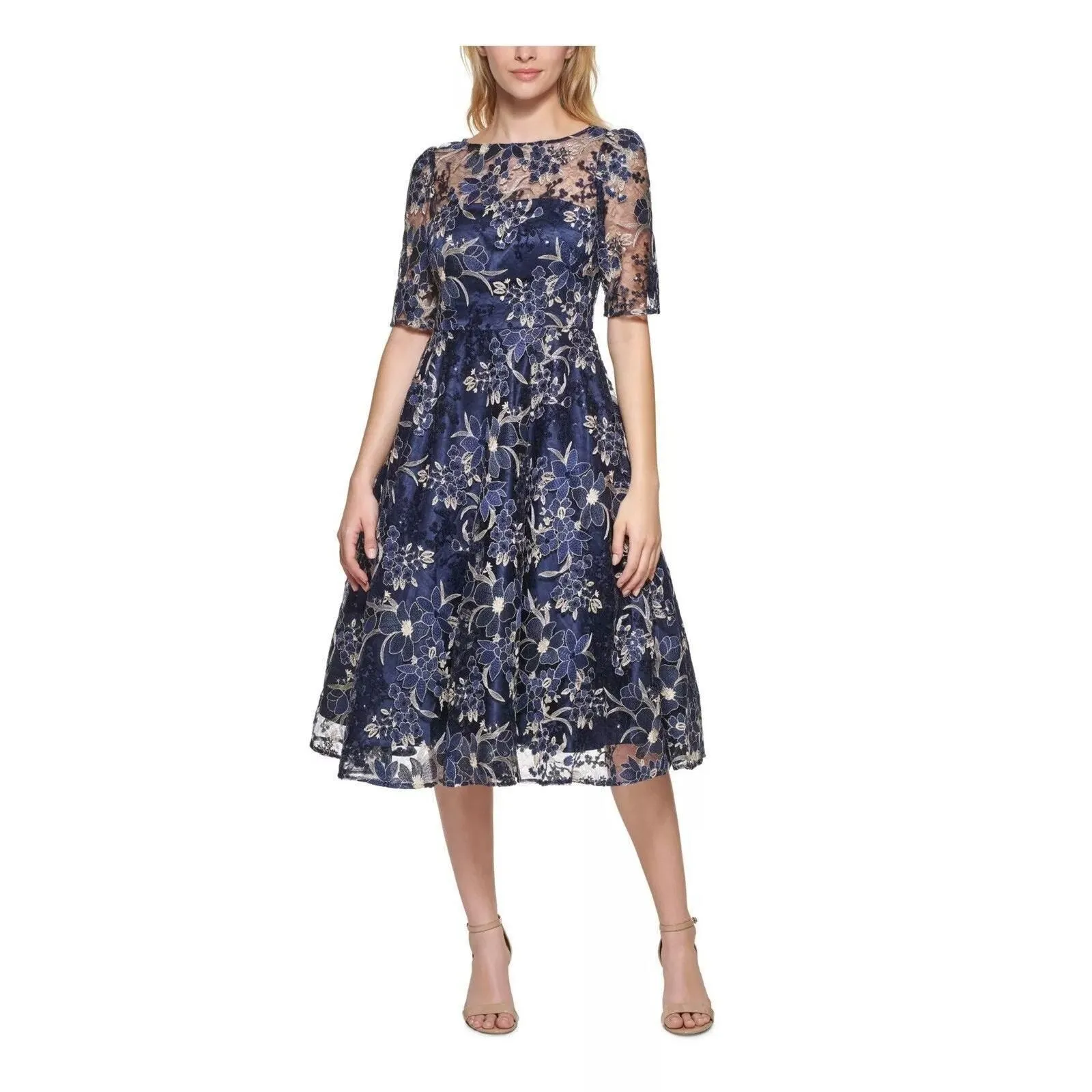 knee length evening dresses for weddings Cap Sleeves Knee Length Lace Wedding Guest Dress main image 1