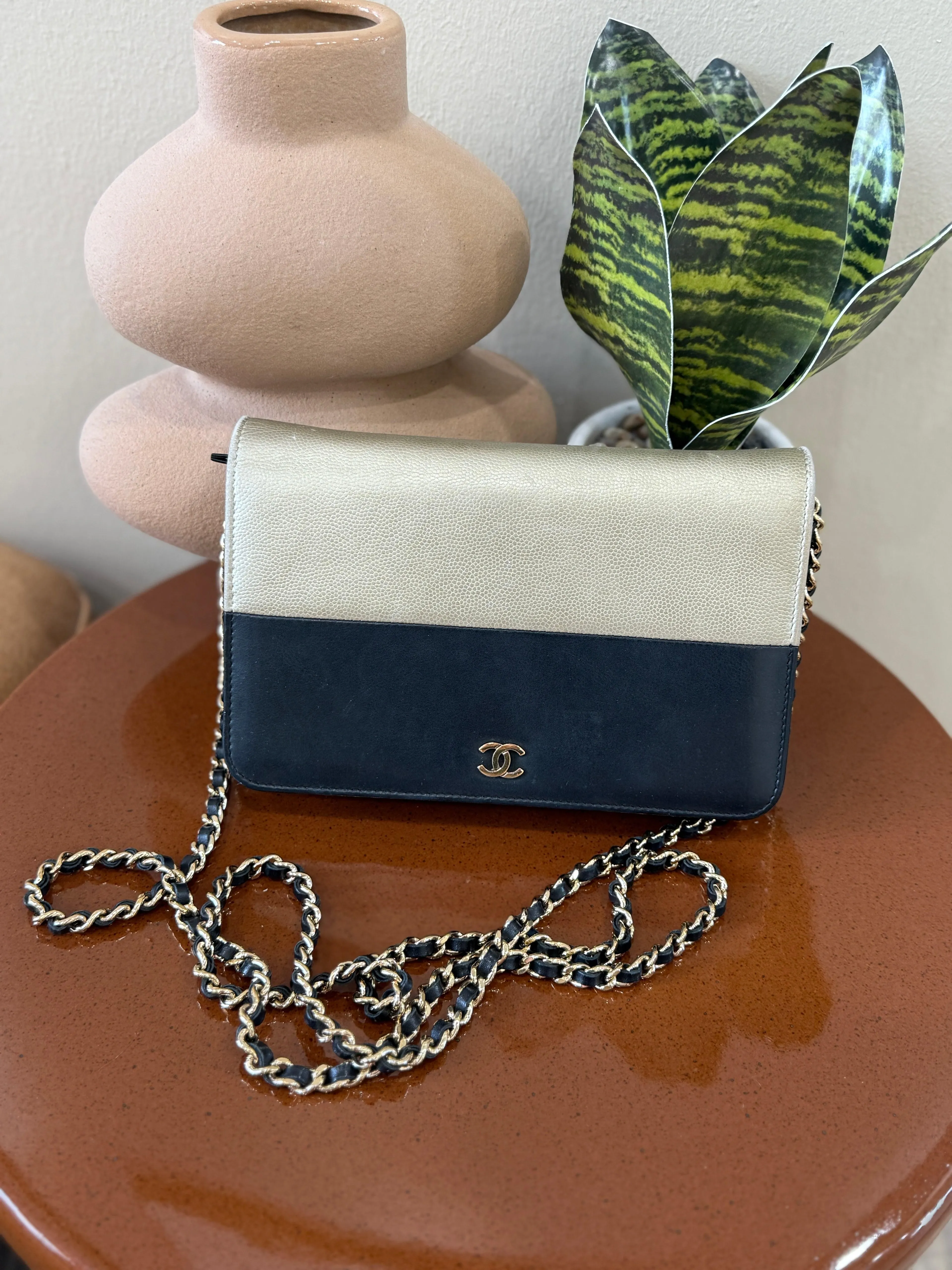 Product image for Chanel Black & Gold Leather Wallet on a Chain