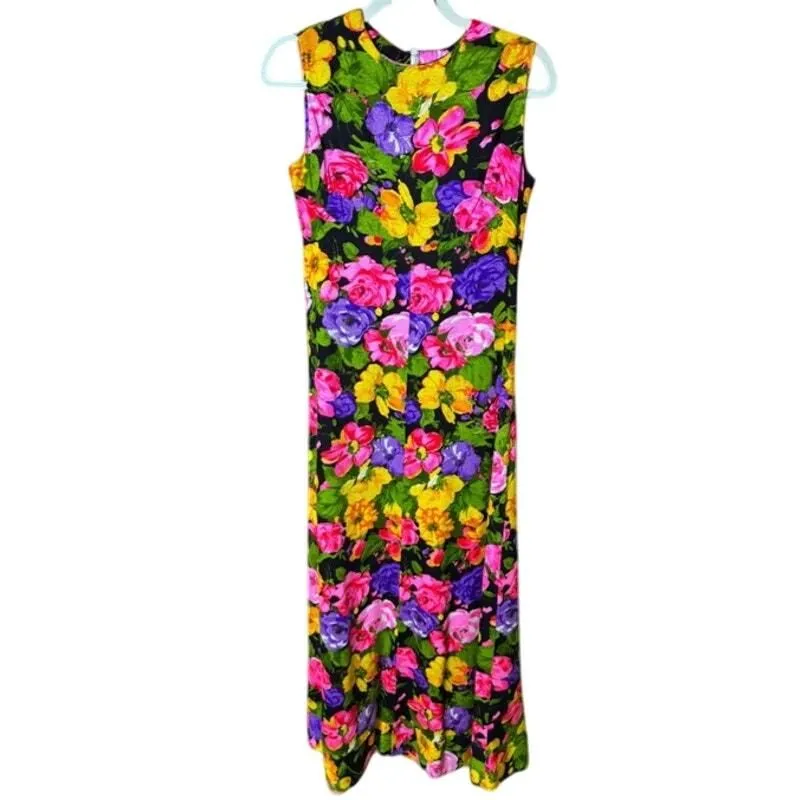 Product image for Vintage 60s/70s Black Pink Floral Barkcloth Sleeveless Maxi Dress XS Small Boho - pre-owned---excellent - American Vintage