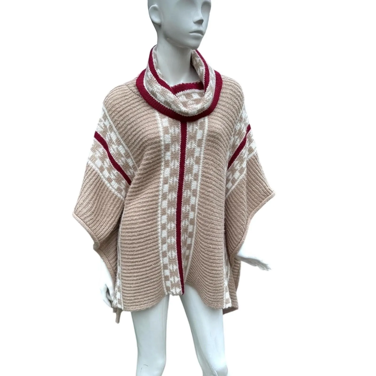 Product image for Yaira Beige Acrylic Knit Geometric Print Cowl Neck Soft Poncho Sweater O/S