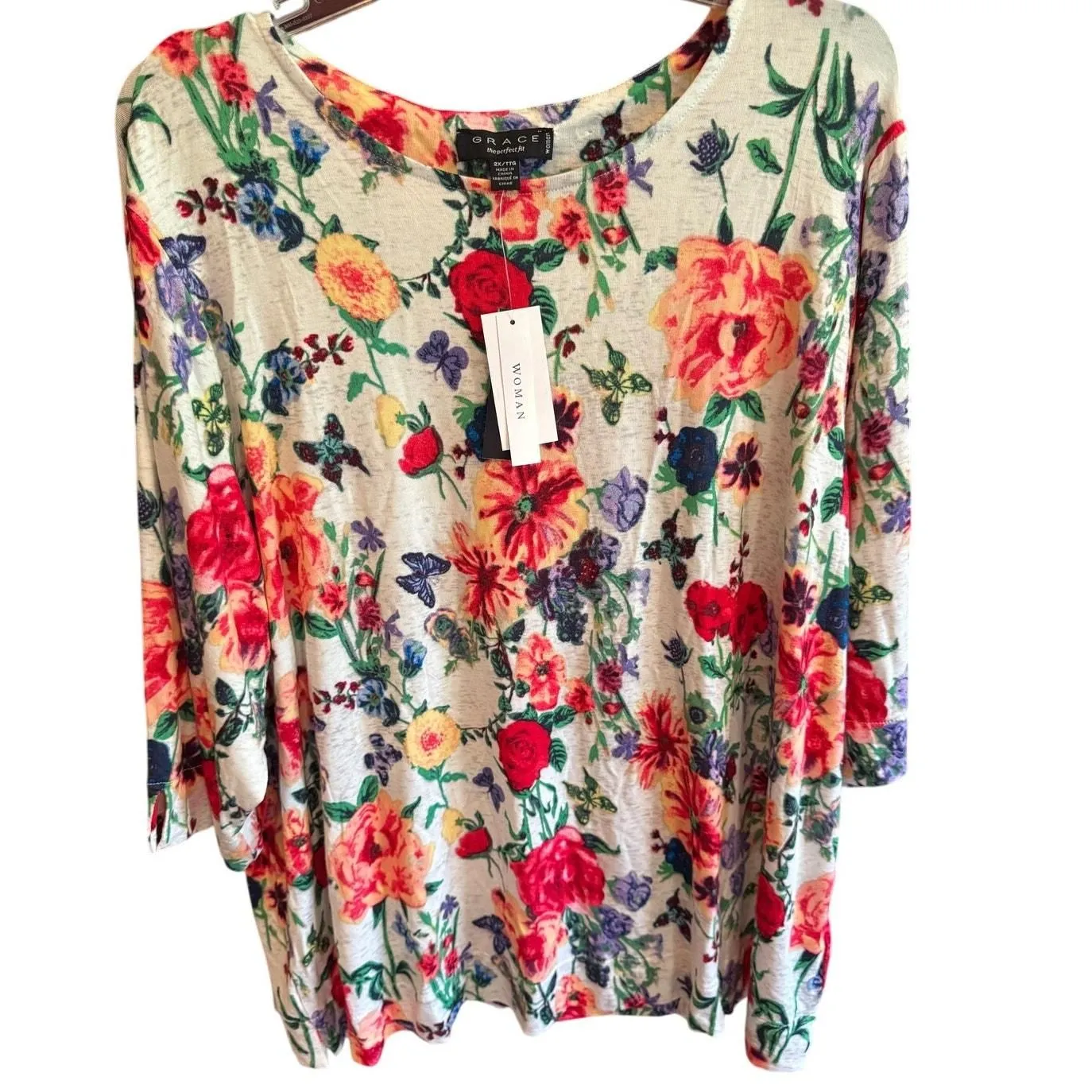 Product image for 0283 NWT Grace top 2XL MSRP $58 3/4 sleeve soft style butterflies & floral  - new-with-tags - Grace