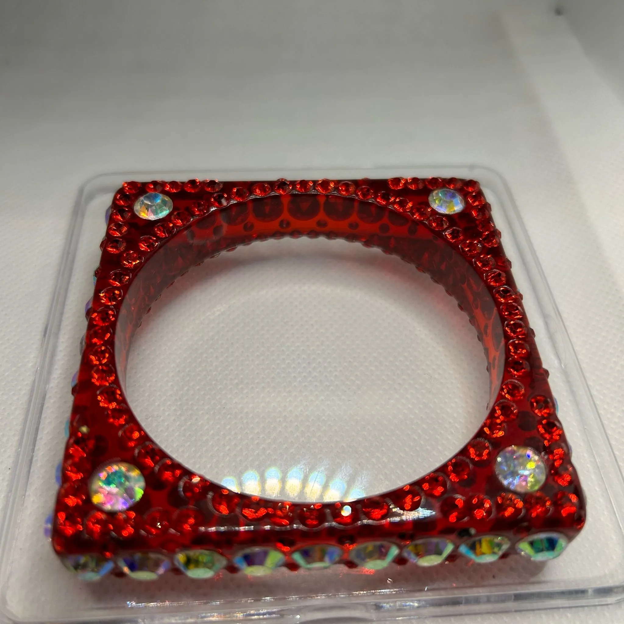 Product image for A14. Vintage Red  Lucite AB  Rhinestones Square Bangle Bracelet